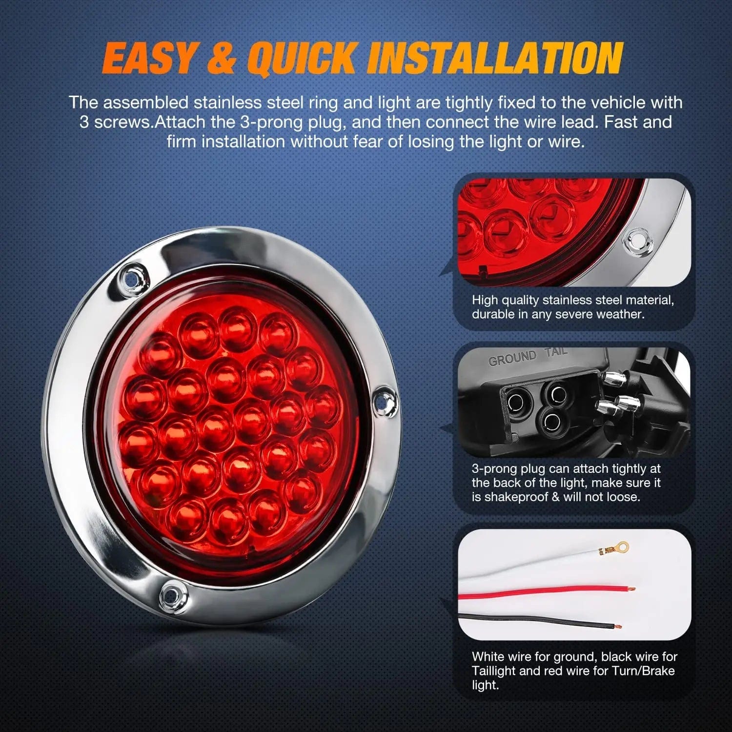 4 Inch Red Round Steel Chrome 24 LED Tail Lights (Pair) - Universal Fit for Cars, Trucks, SUVs & Motorcycles - Durable Waterproof Brake Lights for Night Driving Safety