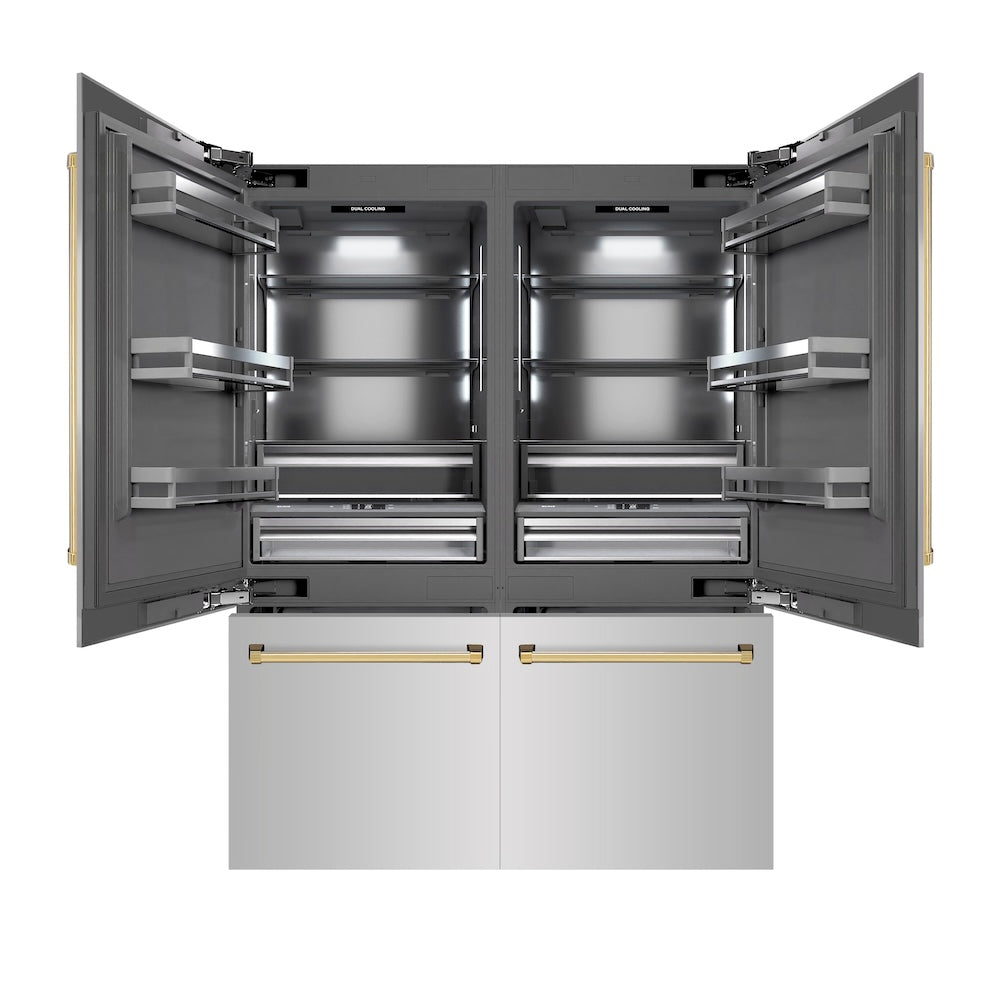 ZLINE Autograph Edition 60-Inch French Door Built-In Refrigerator - 32.2 cu.ft Capacity, Bottom Freezer, Water Dispenser & Ice Maker - Stainless Steel with Graphite Gray Interior & Polished Gold Accents (GRBIVZ 304 60G) - Perfect for Modern Kitchens & Luxury Homes