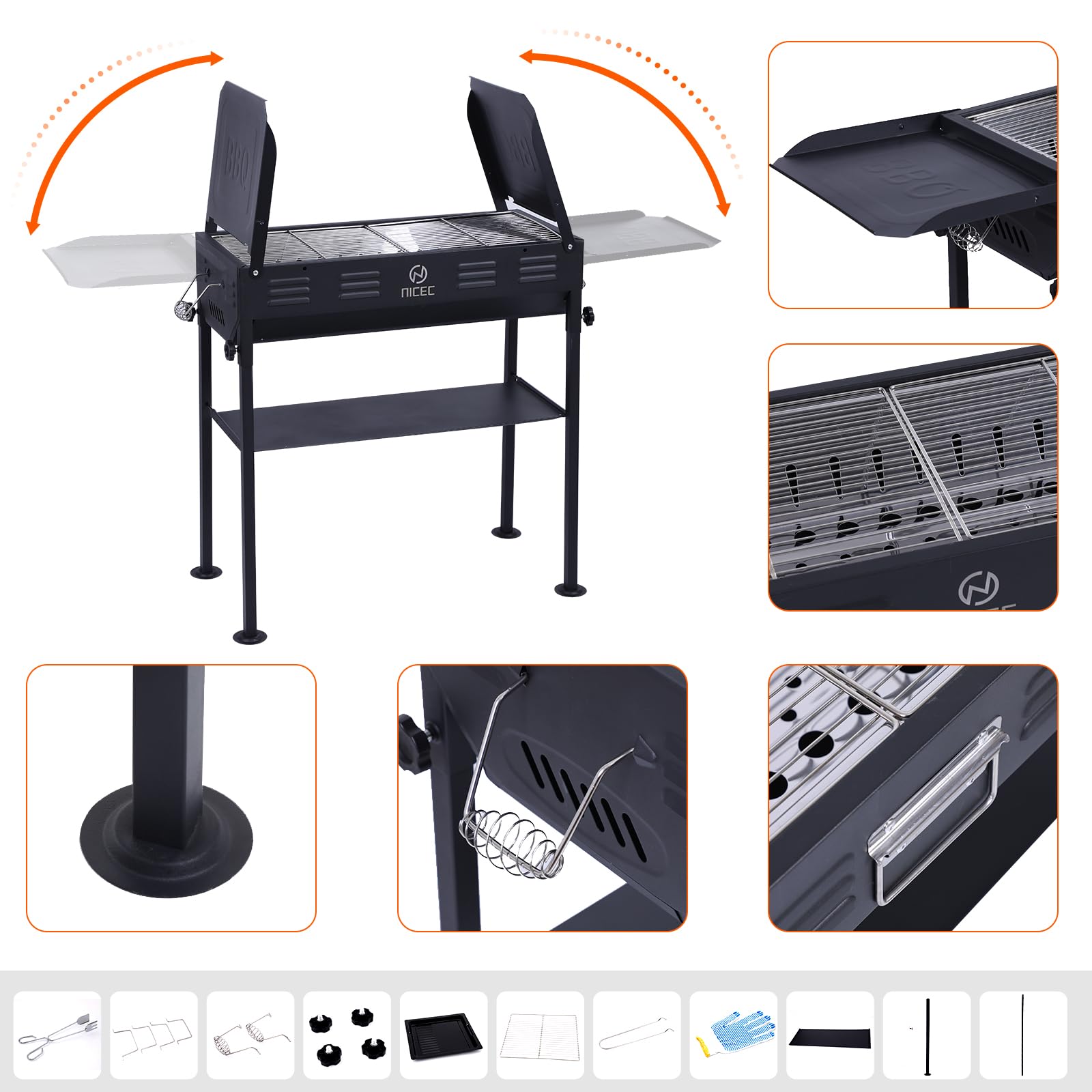 Portable Charcoal Grill for Camping - Folding BBQ Grill with Side Table, Storage Shelf & Carry Bag - Stainless Steel Hibachi Skewer Grill for Outdoor Cooking, Picnics, Backyard & Tailgating (Black)