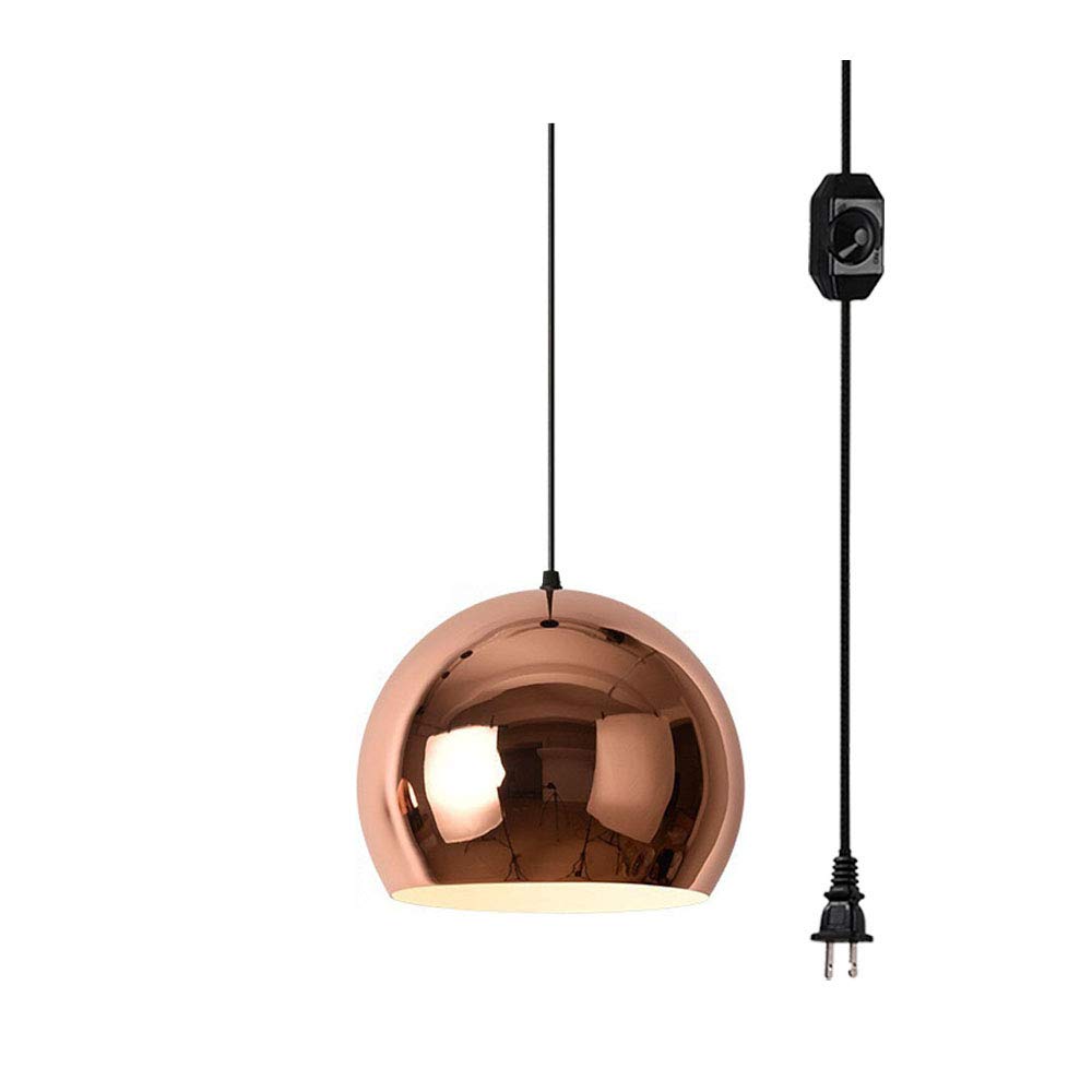 15FT UL Listed Plug-in Dimmer Switch Cord with Rose Gold Iron Shade - Nordic Style Chandelier Pendant Light (Bulb Not Included) - Perfect for Living Room, Bedroom, and Dining Room Decoration