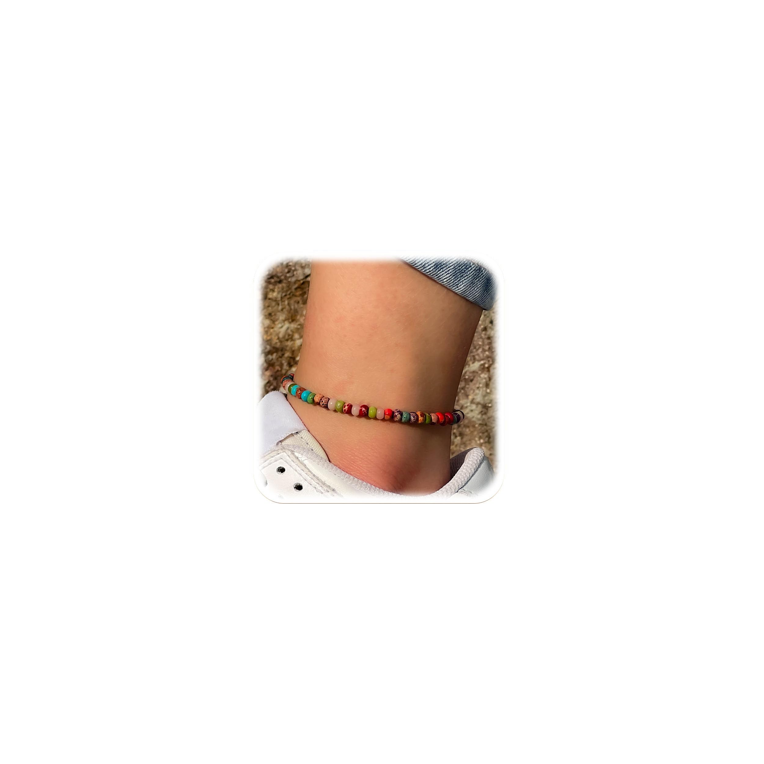 Handmade Natural Stone Beaded Anklet Bracelet for Women - Adjustable Waterproof Boho Ankle Jewelry - Perfect for Summer, Beach, and Festival Outfits