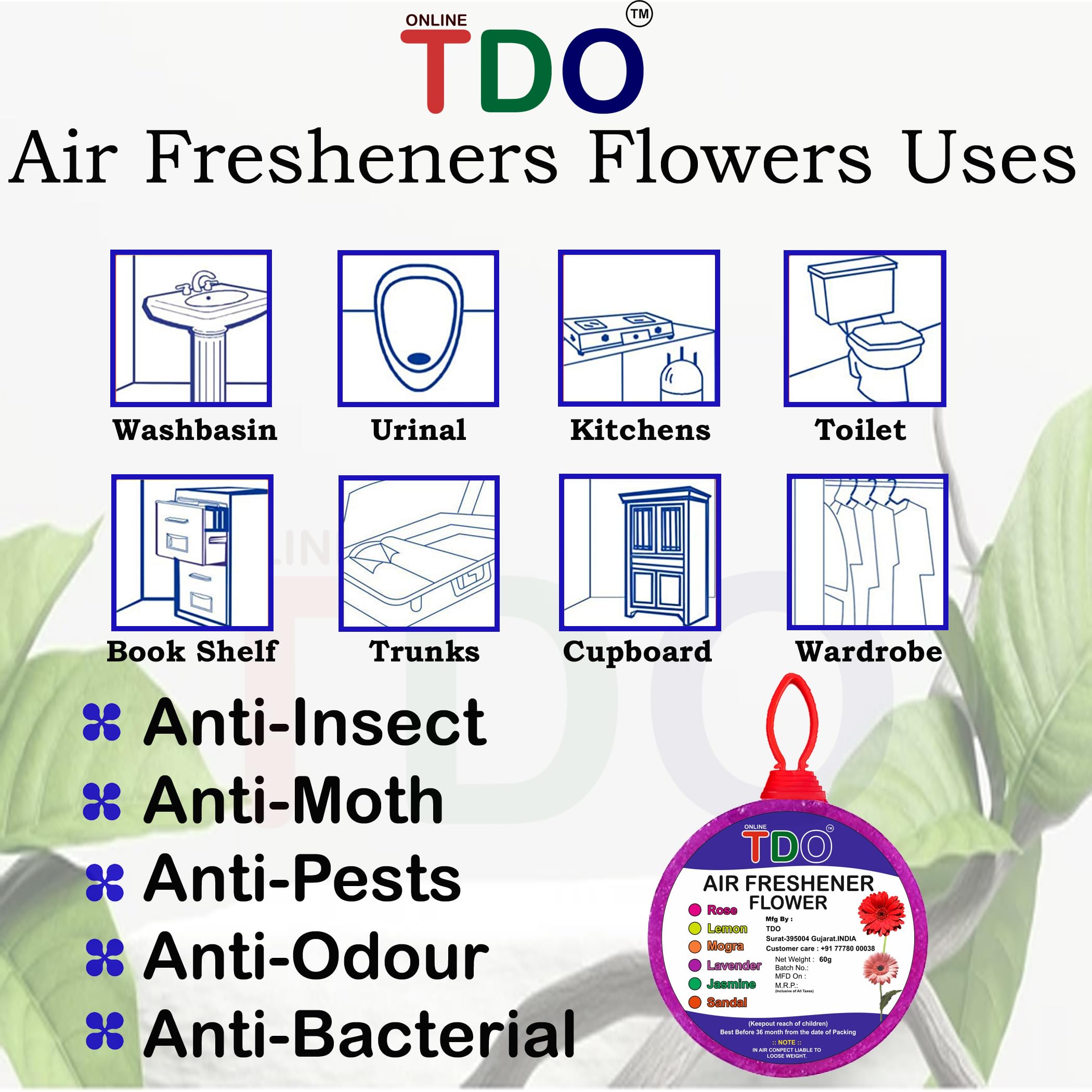 TDO Toilet Bathroom Air Freshener Blocks - 12 Pack (60g Each) with Rose, Jasmine, Lemon, Mogra, Sandal & Lavender Fragrances | Freshen Pantry, Bathroom, Toilet, Wardrobe & Wash Basin | Long-Lasting Scent for Home & Office