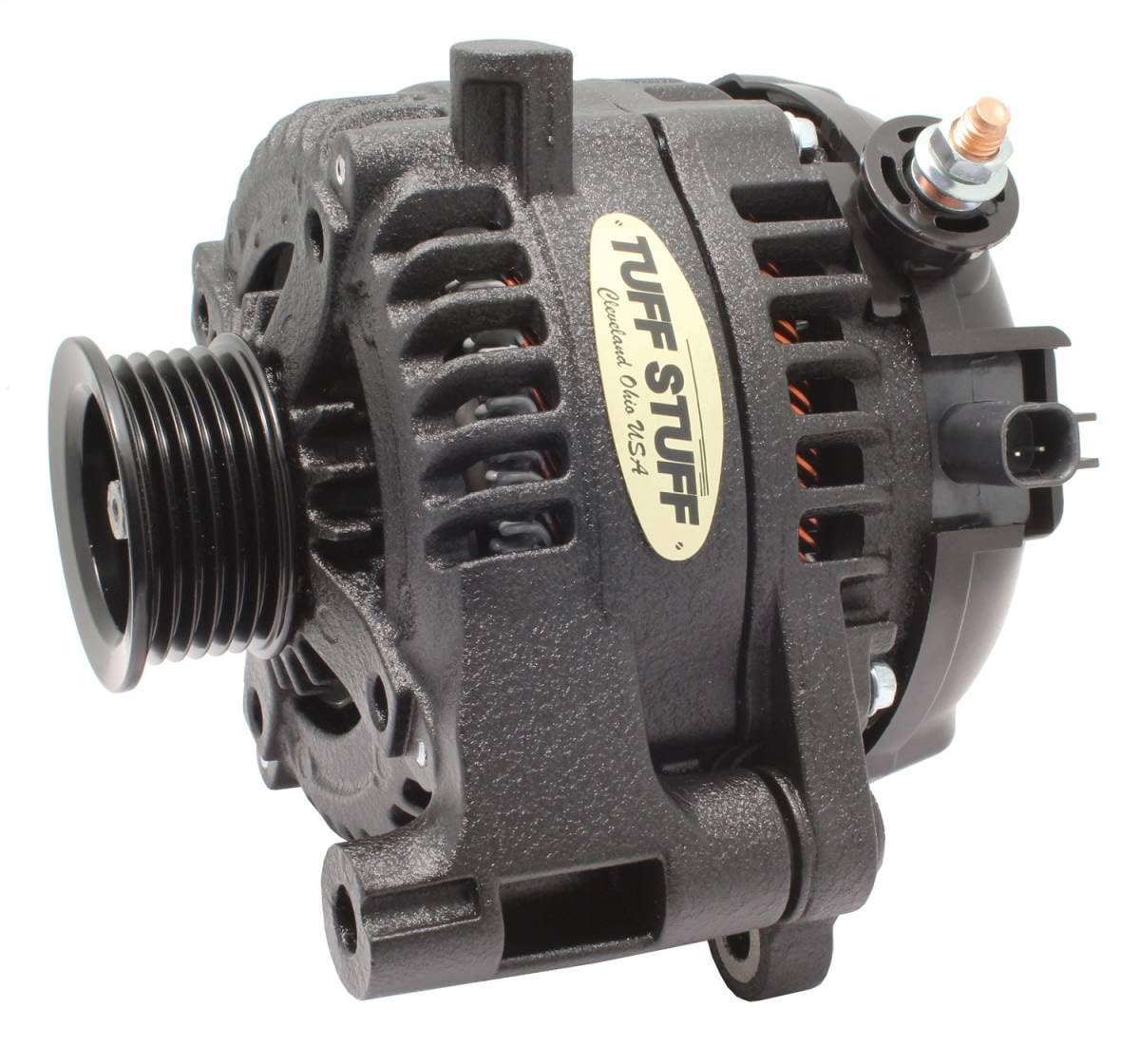 High-Performance 250 Amp 12V Tuff Stuff Alternator with External Regulator & 6-Rib Serpentine Pulley - Black Wrinkle Finish for Jeep Wrangler JK (2012-2018) - 7516B - Ideal for Off-Roading & Heavy-Duty Electrical Upgrades