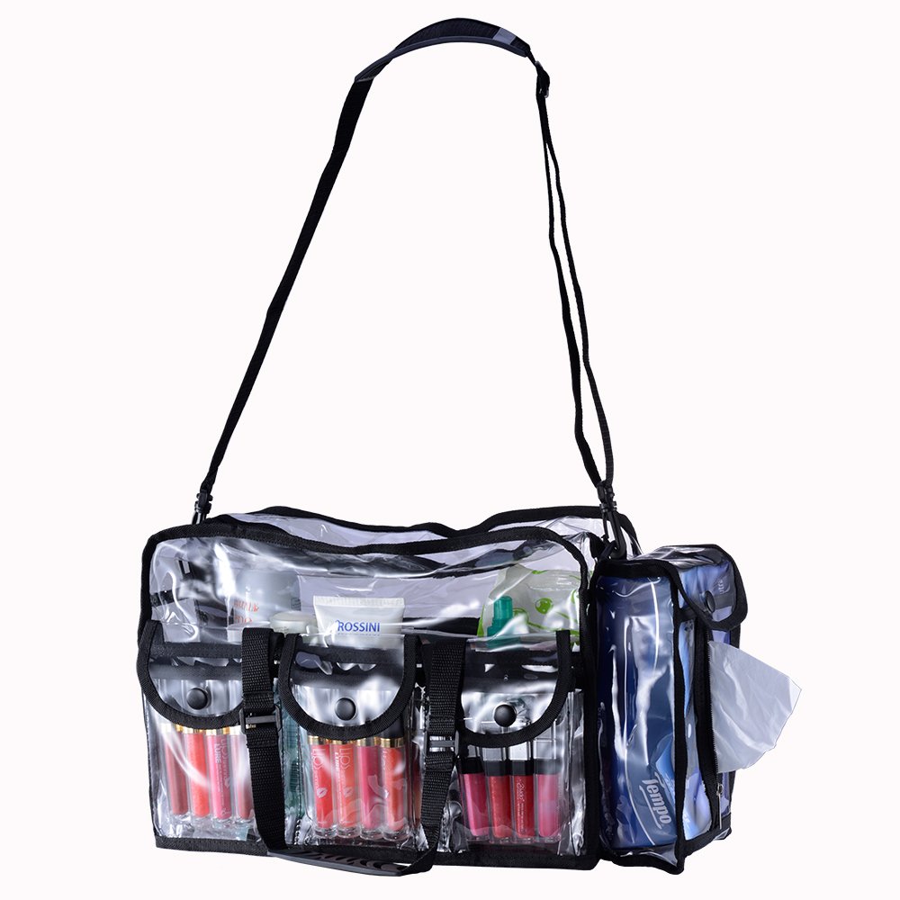KIOTA Clear Makeup Artist Storage Bag with Side Pockets & Shoulder Strap - Ergonomic Handle Professional Cosmetic Organizer (Black Trim) | Perfect for Travel, Salon Use & On-The-Go Beauty Essentials