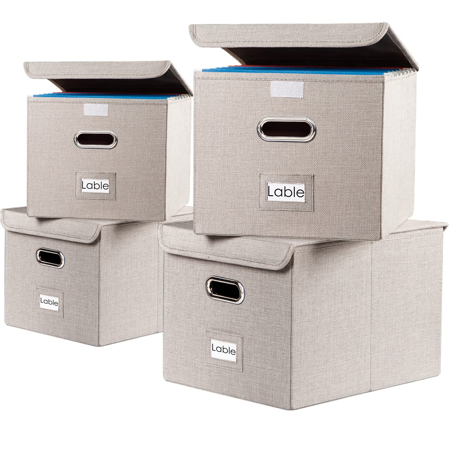 PRANDOM File Organizer Box Set of 4 - Collapsible Linen Storage Bins with Lids for Office Cabinet, Letter Size Hanging File Folders (15x12.2x10.75 Inch) - Light Grey Home & Office Organization Solution for Documents, Bills, and School Supplies