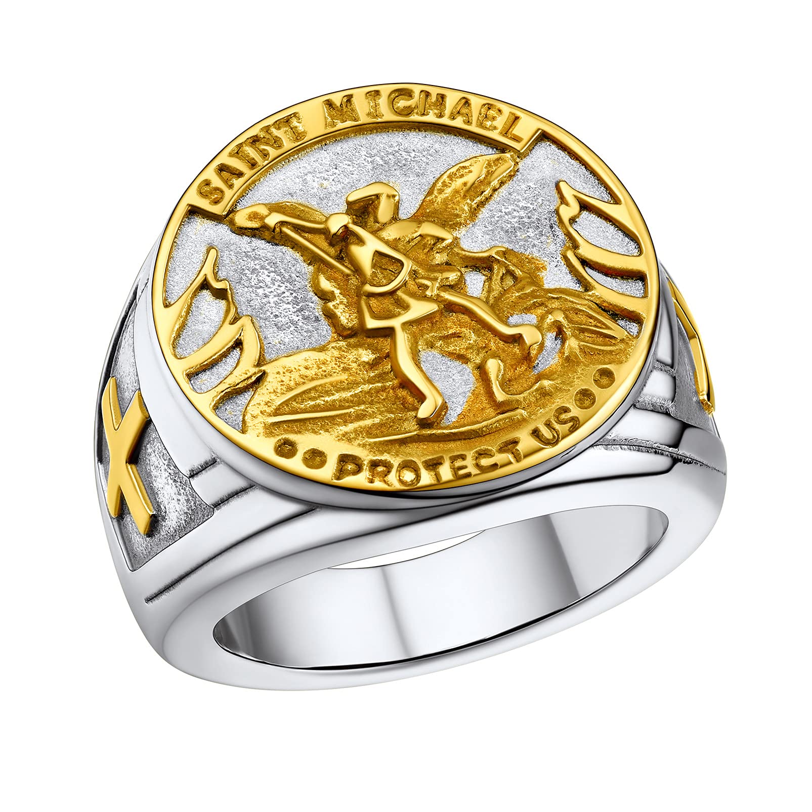 PROSTEEL Men's Archangel Angel Ring - Saint Michael & Christopher Religious Jewelry - Gold Plated Stainless Steel Ring with Gift Box - Perfect for Baptism, Confirmation & Spiritual Gifts