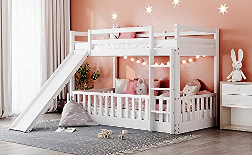 RUNNA Twin Over Twin Wood Bunk Bed with Convertible Slide & Ladder - Space-Saving Kids Bunk Bed Frame with Full-Length Guardrail - White & Wood Finish - Perfect for Small Bedrooms, Kids' Rooms & Shared Spaces