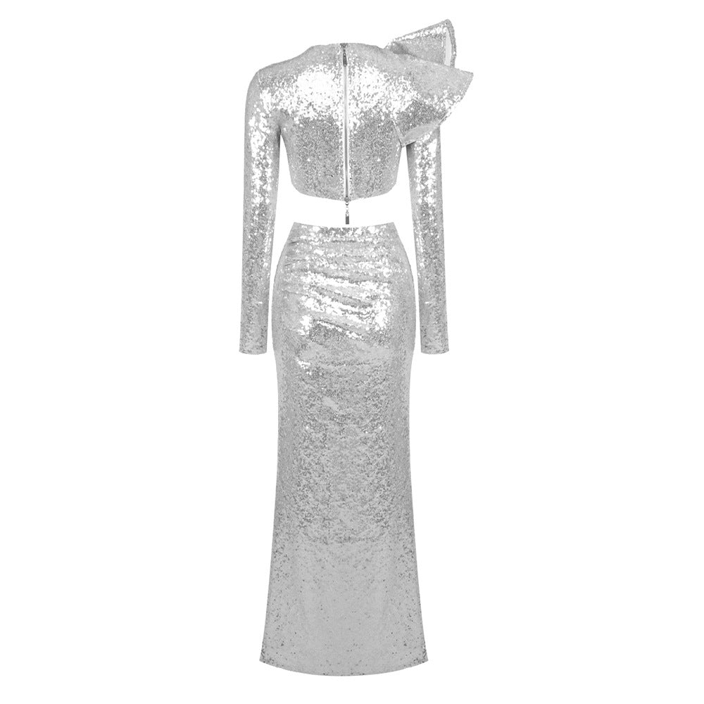 Silver Crop Top and Drape Skirt Set for Women - Trendy Two Piece Outfit for Summer, Party, and Casual Wear