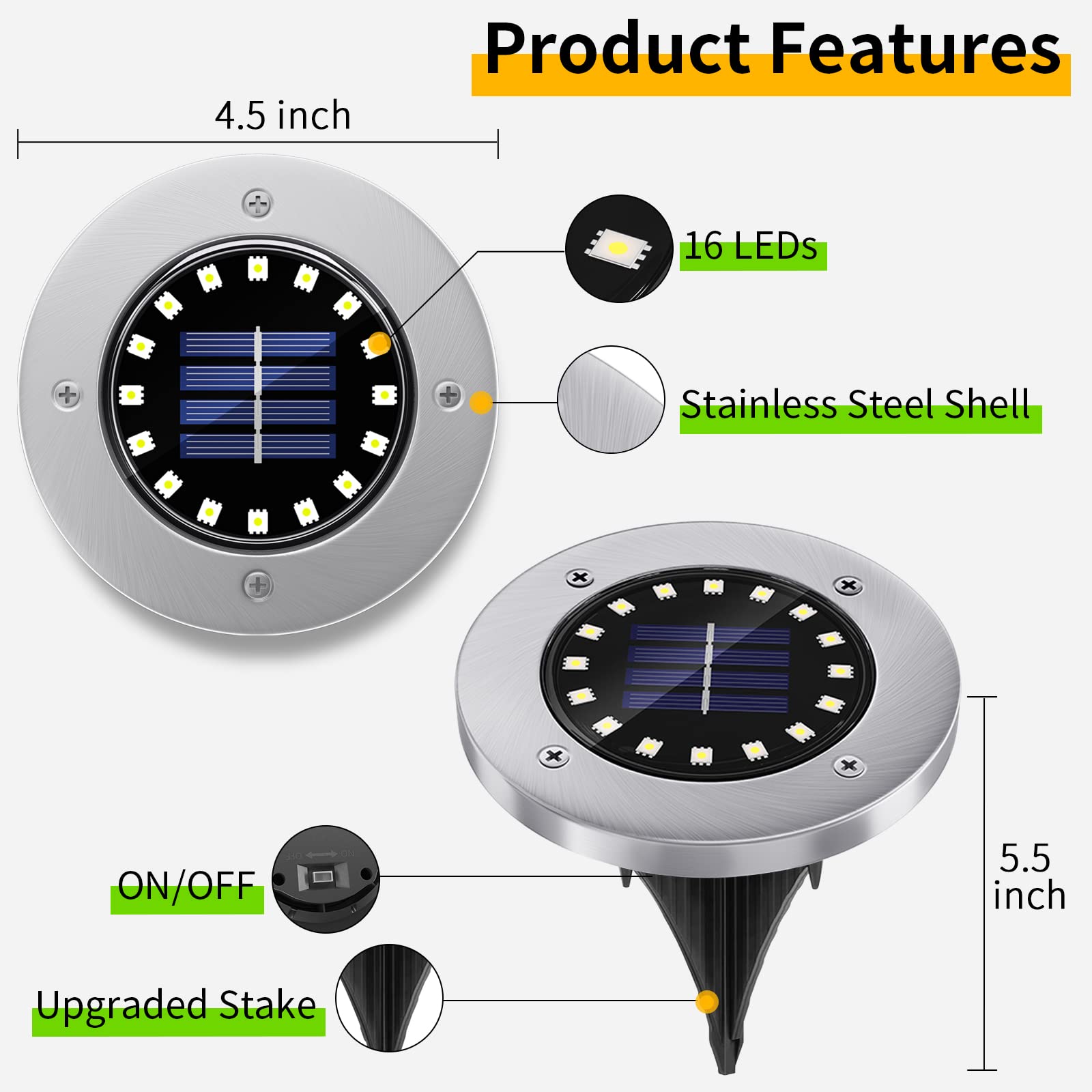 NFESOLAR 16 Pack Solar Lights Outdoor - 16 LED Bright Waterproof Solar Ground Lights for Pathway, Garden, Yard, Lawn, Walkway, Driveway (White) | Perfect for Landscape Lighting, Backyard Decor & Nighttime Safety