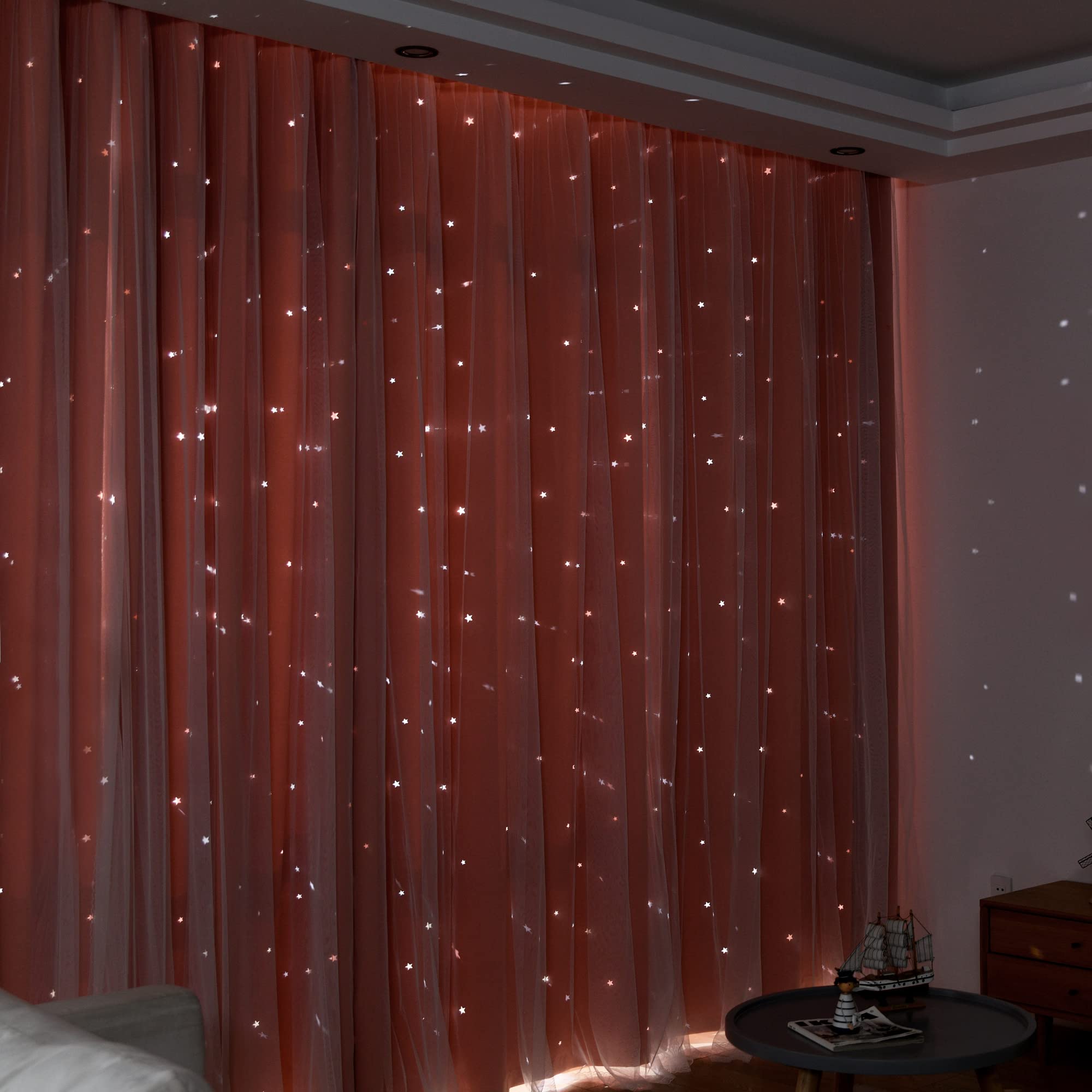 Kinryb Princess Curtains for Girls Bedroom - Sheer Overlay Double Layer Window Drapes with Star Cutout Design, 52x95 Inches Coral Pink - Perfect for Kids Room, Nursery & Living Room Decor