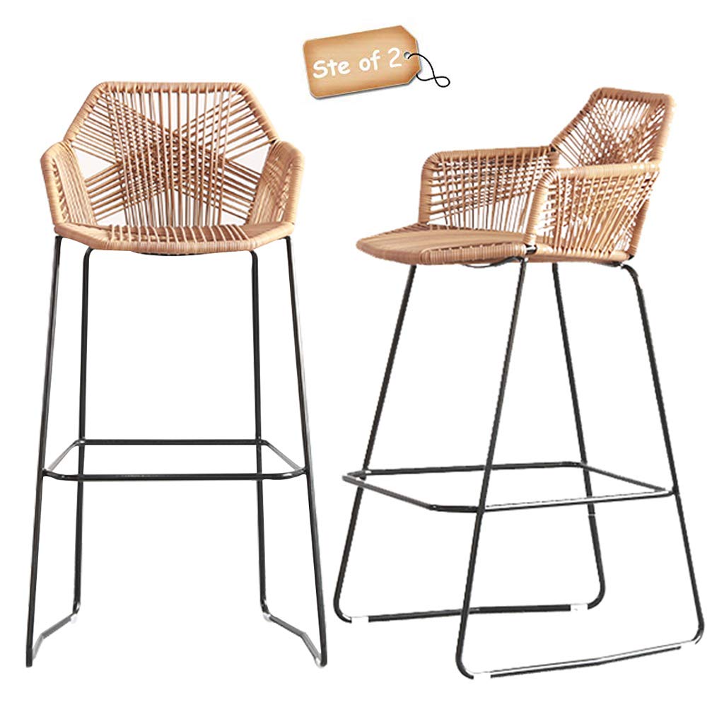 Set of 2 Modern Nordic Bar Stools with Backrest & Footrest - Black Iron Frame & Rattan Wicker Seat - Perfect for Coffee Shops, Restaurants, and Home Bars