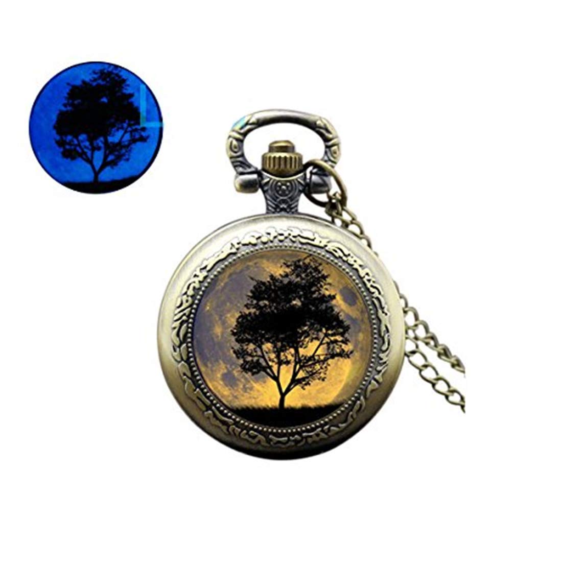 Laco 1925 Glow in The Dark Moon and Tree Pocket Watch Necklace - Brass Vintage Steampunk Jewelry for Men & Women - Perfect for Nighttime Events, Gifts, and Unique Fashion Accessories