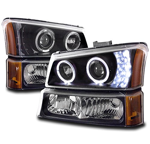 Halo LED Projector Headlights with Bumper Lights - Black - Compatible with 2003-2006 Chevy Silverado & Avalanche - Upgrade Your Truck Lighting for Night Driving & Off-Road Adventures