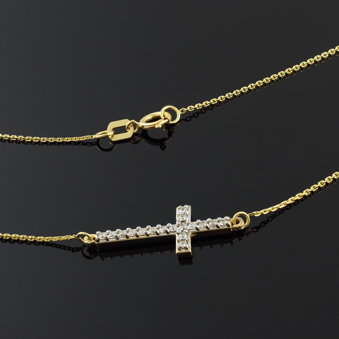 14K Yellow Gold CZ Sideways Cross Pendant Necklace - 18 Inch Chain - Elegant & Stylish Jewelry for Women - Perfect for Gifts, Parties, and Everyday Wear