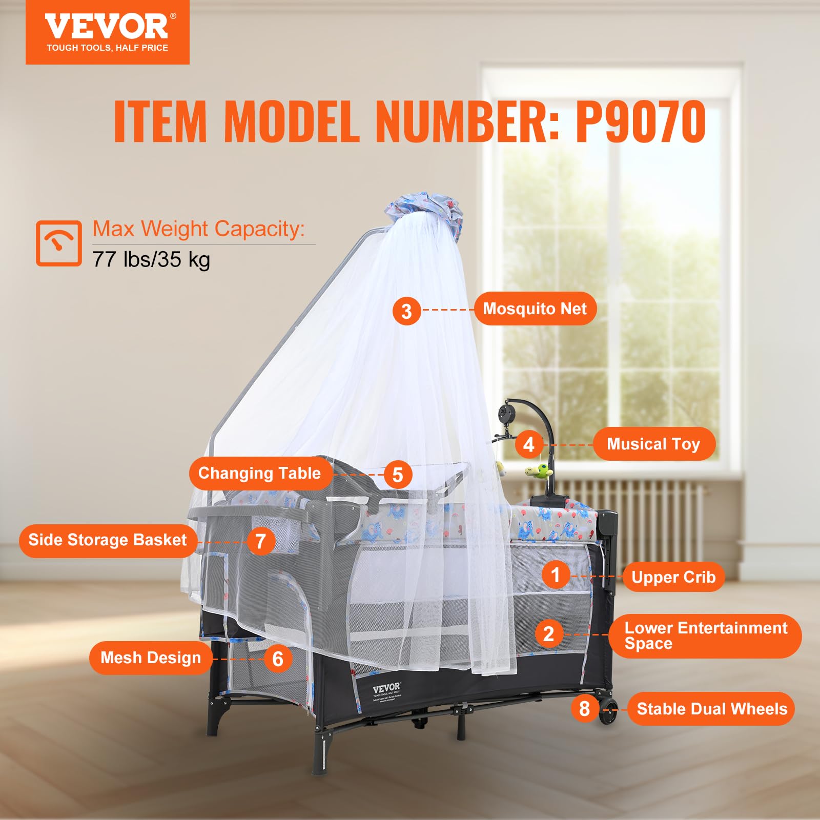 VEVOR Portable Baby Bassinet & Playard with Changing Table, Mosquito Net & Wheels - Foldable Bedside Sleeper Crib for Newborns & Infants - Perfect for Nursery, Travel & Co-Sleeping