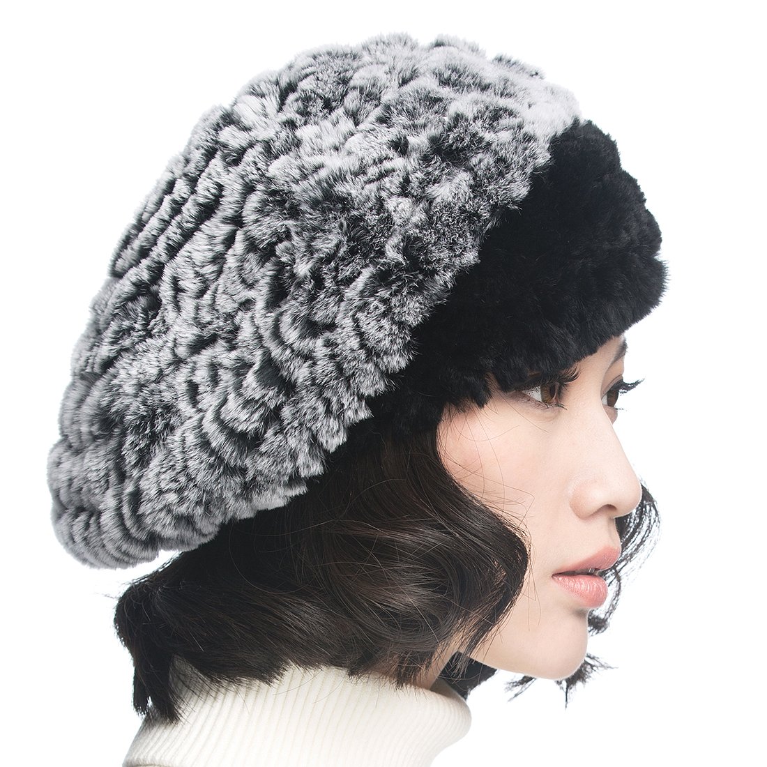 Women's Winter Rex Rabbit Beret Hat with Floral Embellishment - Elegant and Warm Winter Fashion Accessory for Casual Outings and Holiday Parties