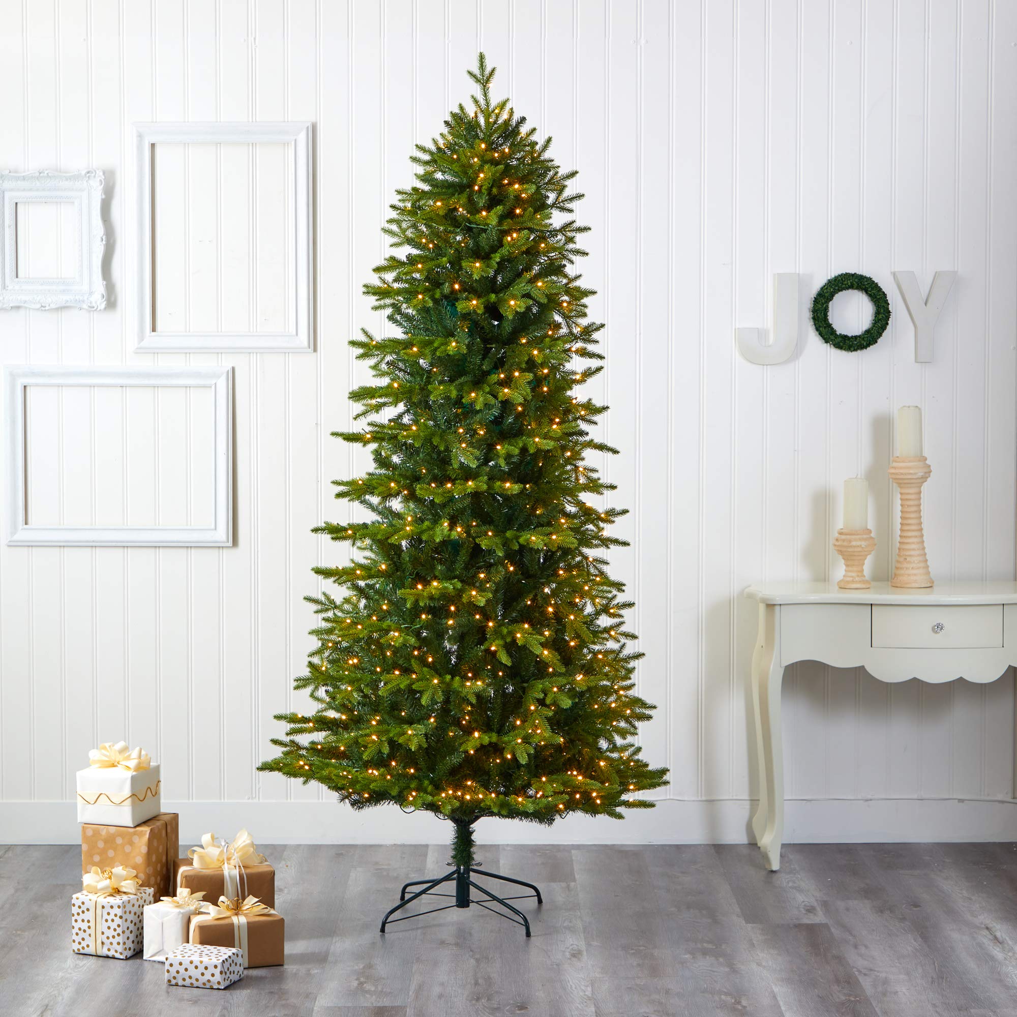 Nearly Natural 8ft Belgium Fir Artificial Christmas Tree with 650 Clear LED Lights - Realistic Holiday Decor for Home, Office & Party