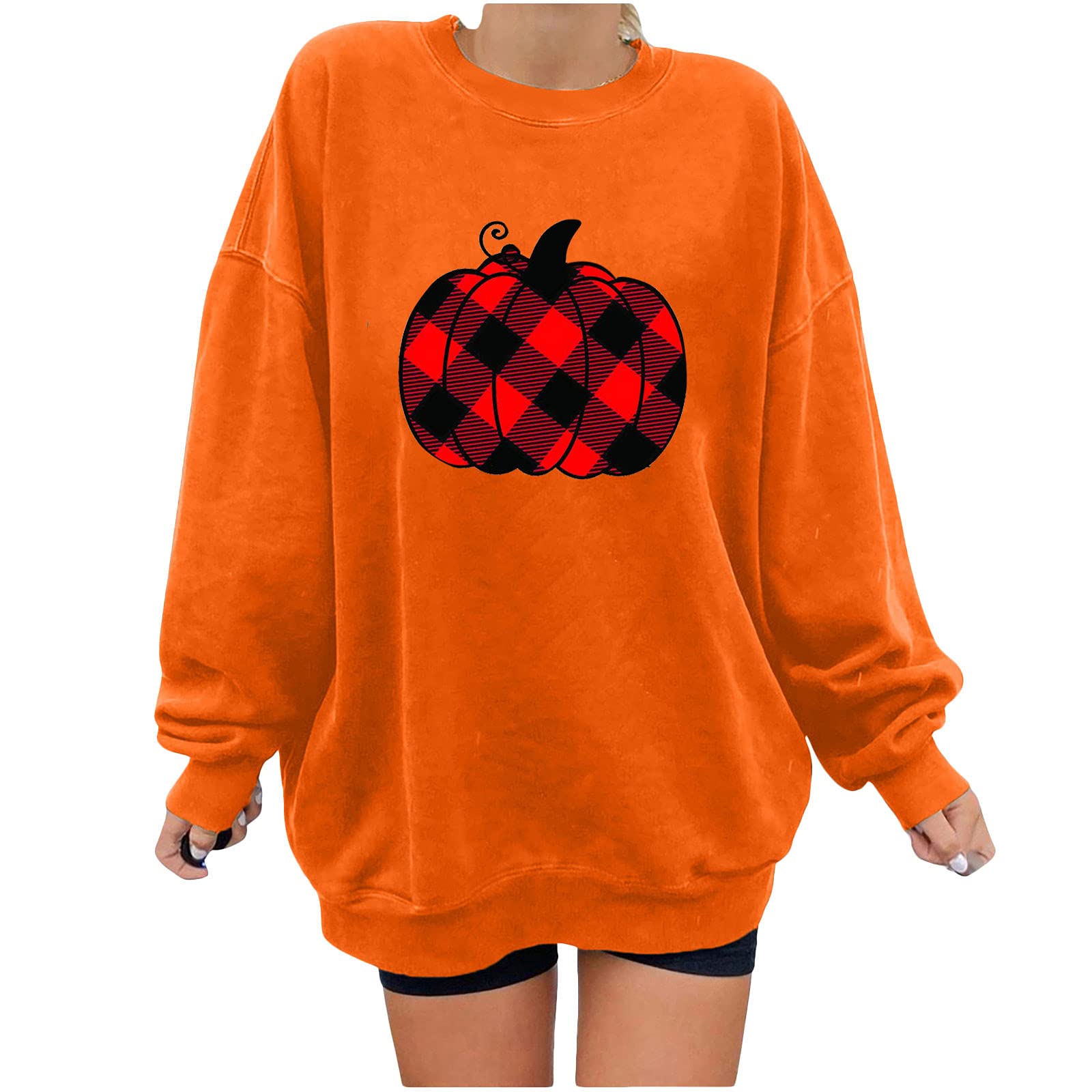 Women's Oversized Long Sleeve T-Shirt - Pumpkin Print Halloween Sweatshirt, Round Neck Pullover for Workout & Casual Wear | Fall Fashion, Cozy Lounge, Party Outfit