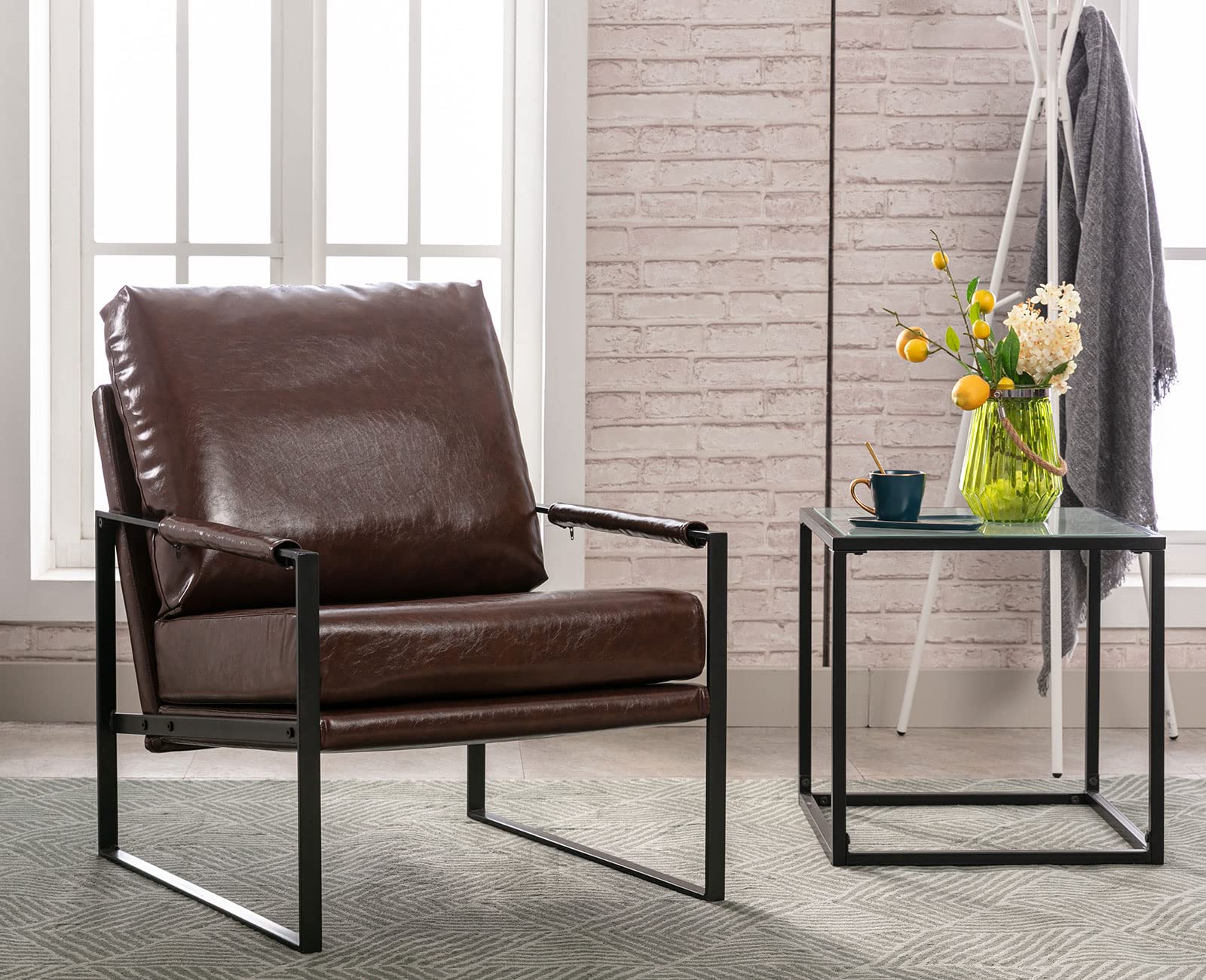 Mid Century Modern Leather Armchair - Oversized Upholstered Accent Chair with Metal Frame & Lumbar Pillow - Dark Brown Living Room Reading Chair for Home Office, Lounge & Corner Spaces