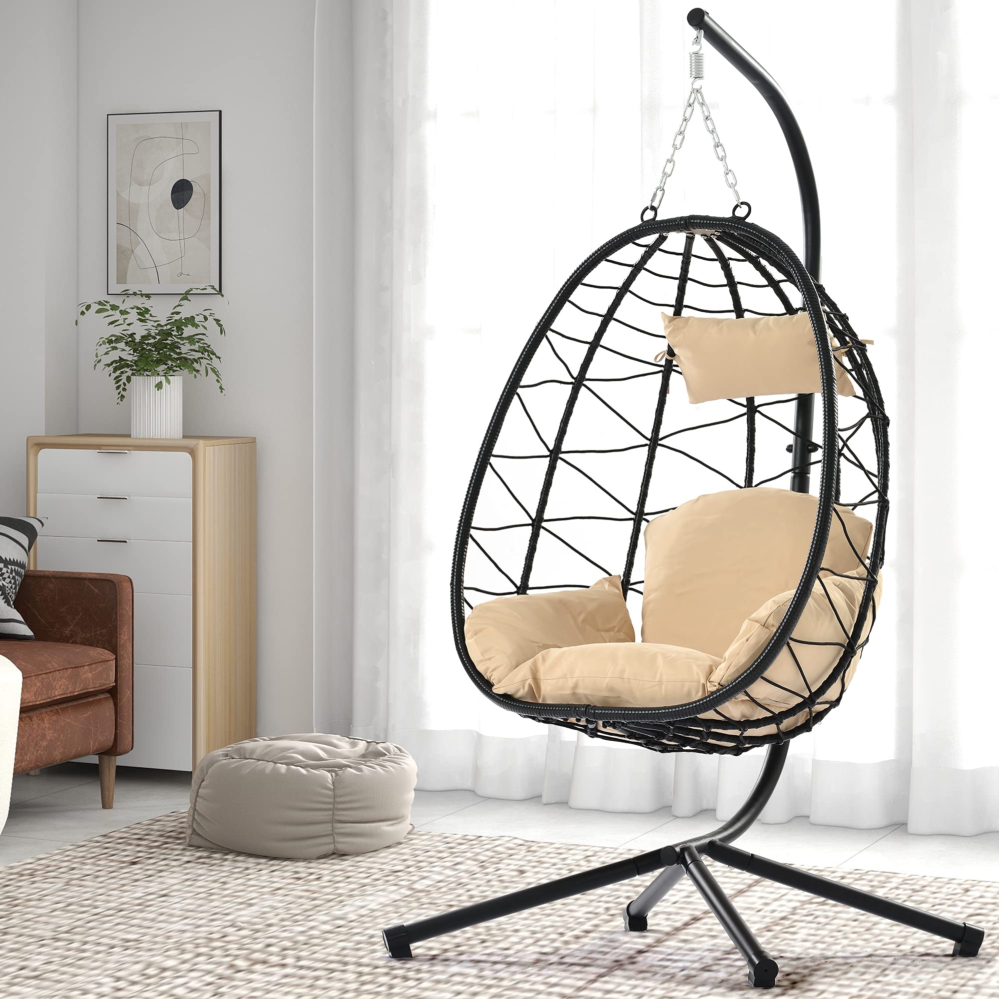 Indoor Outdoor Egg Chair with Stand - Wicker Hanging Swing Chair for Patio, Bedroom, Living Room & Balcony - Black Hammock Basket Chair (Perfect for Relaxing, Reading & Lounging in Garden or Home)