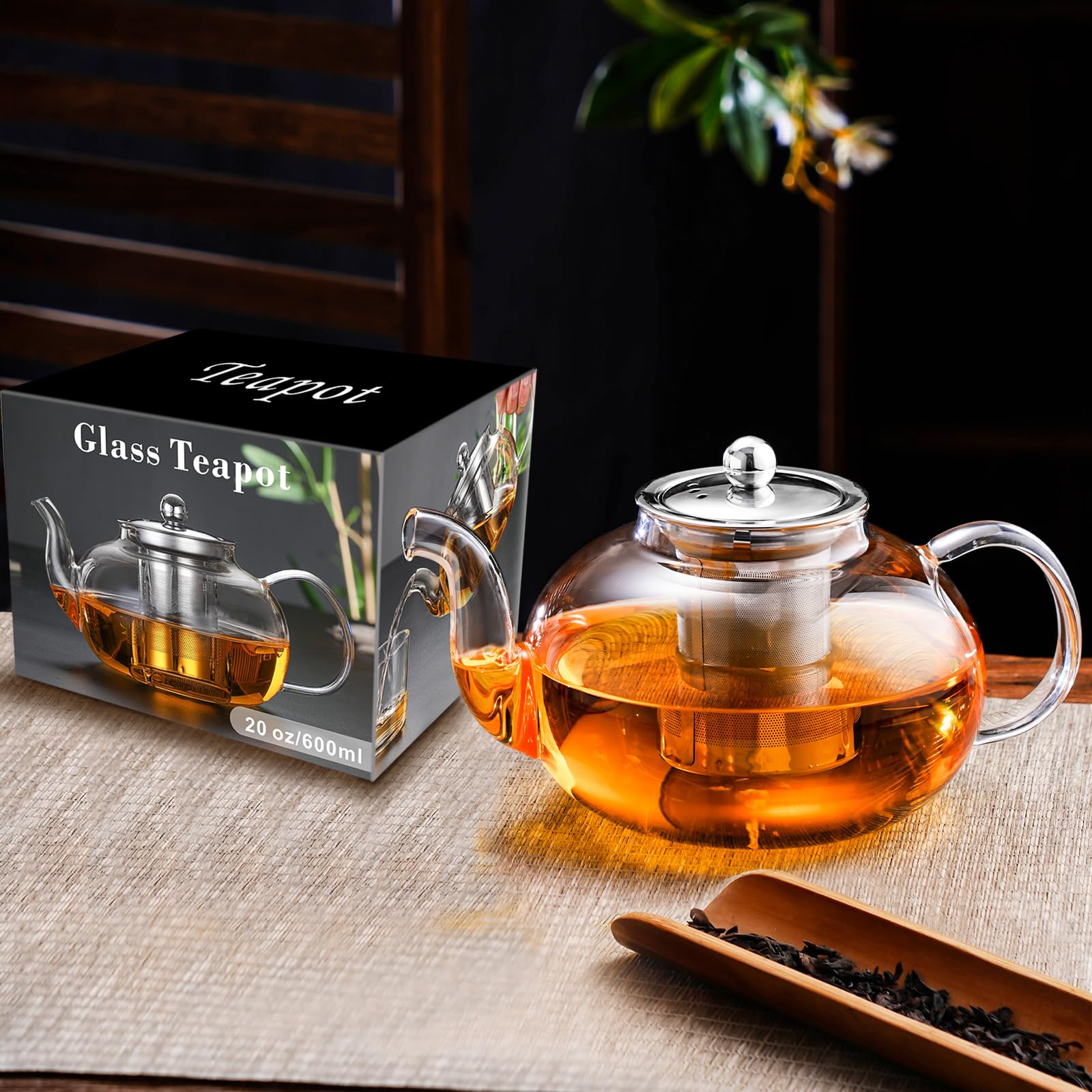 Premium Borosilicate Glass Teapot with Removable Stainless Steel Infuser - 40oz/1200ml Stovetop Safe Tea Kettle for Blooming & Loose Leaf Tea - Perfect for Home, Office, Camping & Travel Use