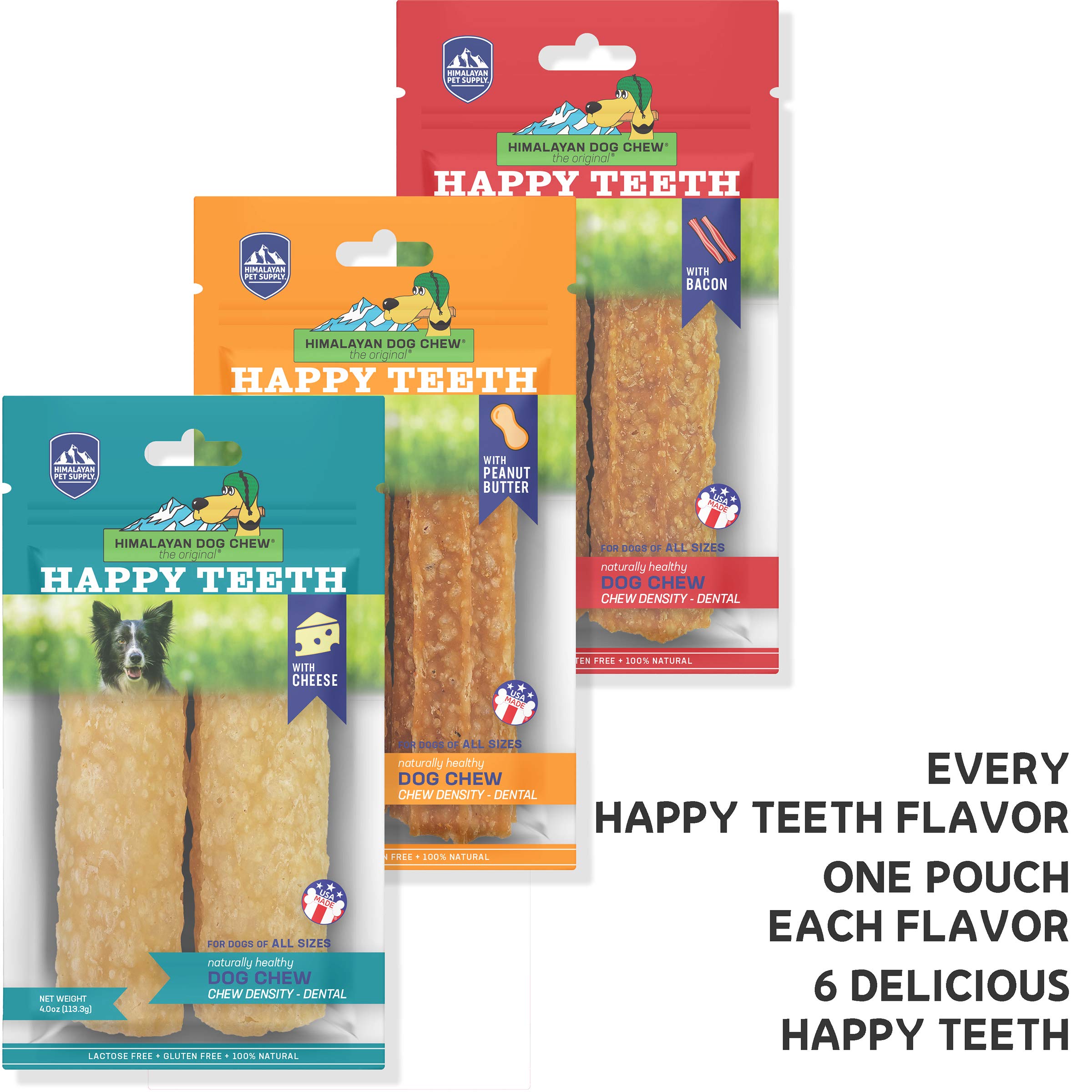 Happy Teeth Natural Cheese Dog Chews - Dental Treats for Dogs | Gluten Free, Lactose Free, Wheat Free, Soy Free | Cheese, Peanut, Bacon Flavors | 2 Chews per Resealable Pouch, 3 Pouches per Pack | Promotes Oral Health & Fresh Breath - Perfect for Training, Rewards, and Daily Dental Care