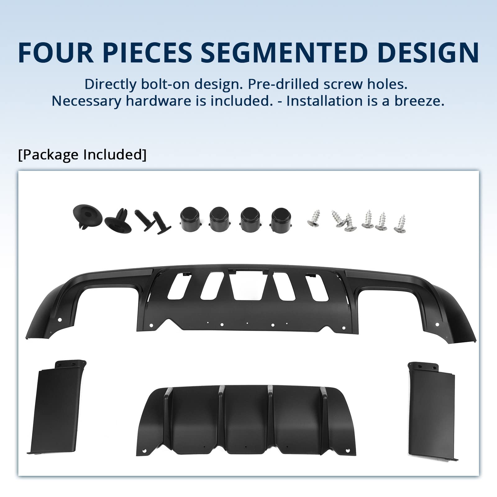FREEMOTOR802 Rear Diffuser for 2015-2023 Dodge Challenger | IKON V1 Style Matte Black PP Bumper Lip Valance | 4-Piece Shark Fin Splitter Kit | Enhances Aerodynamics & Sporty Look for Street Racing & Car Shows