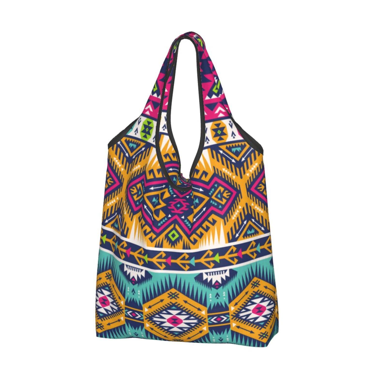 Vintage Navajo Print Reusable Shopping Bags - Waterproof Foldable Grocery Tote with Retro Colors | Eco-Friendly Grocery Haul & Beach Essentials Carrier
