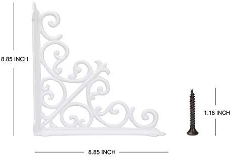 White Cast Iron Decorative Shelf Bracket - 8.85 Inch Heavy Duty Wall Mount Brackets (Set of 2) for Floating Shelves, Bookshelves & Home Decor