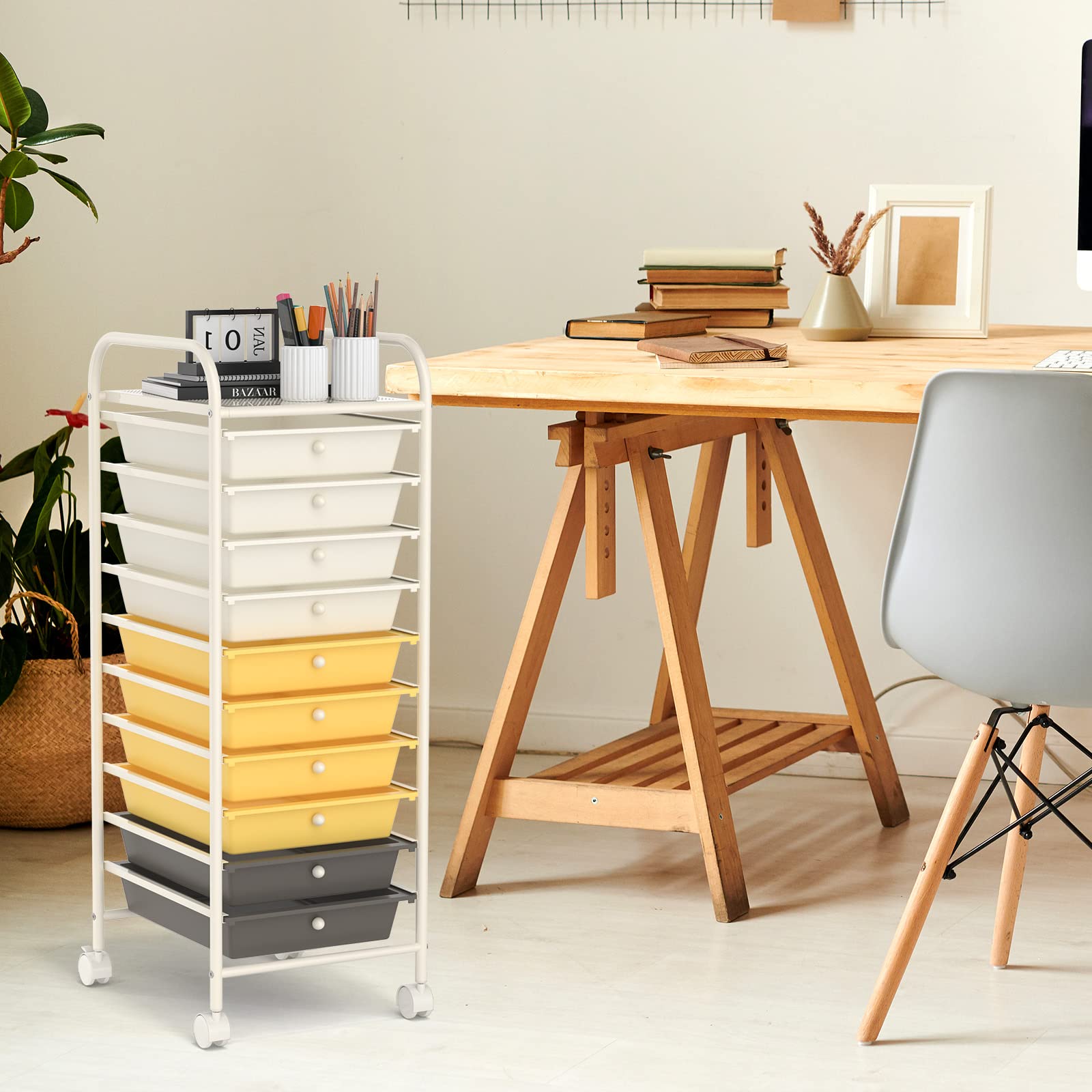 COSTWAY 10-Drawer Rolling Storage Cart with Removable Drawers, Universal Casters & 2 Brakes | Mobile Utility Trolley for Home Office Organization | Perfect for Craft Supplies, Beauty Products & School Essentials (Yellow)