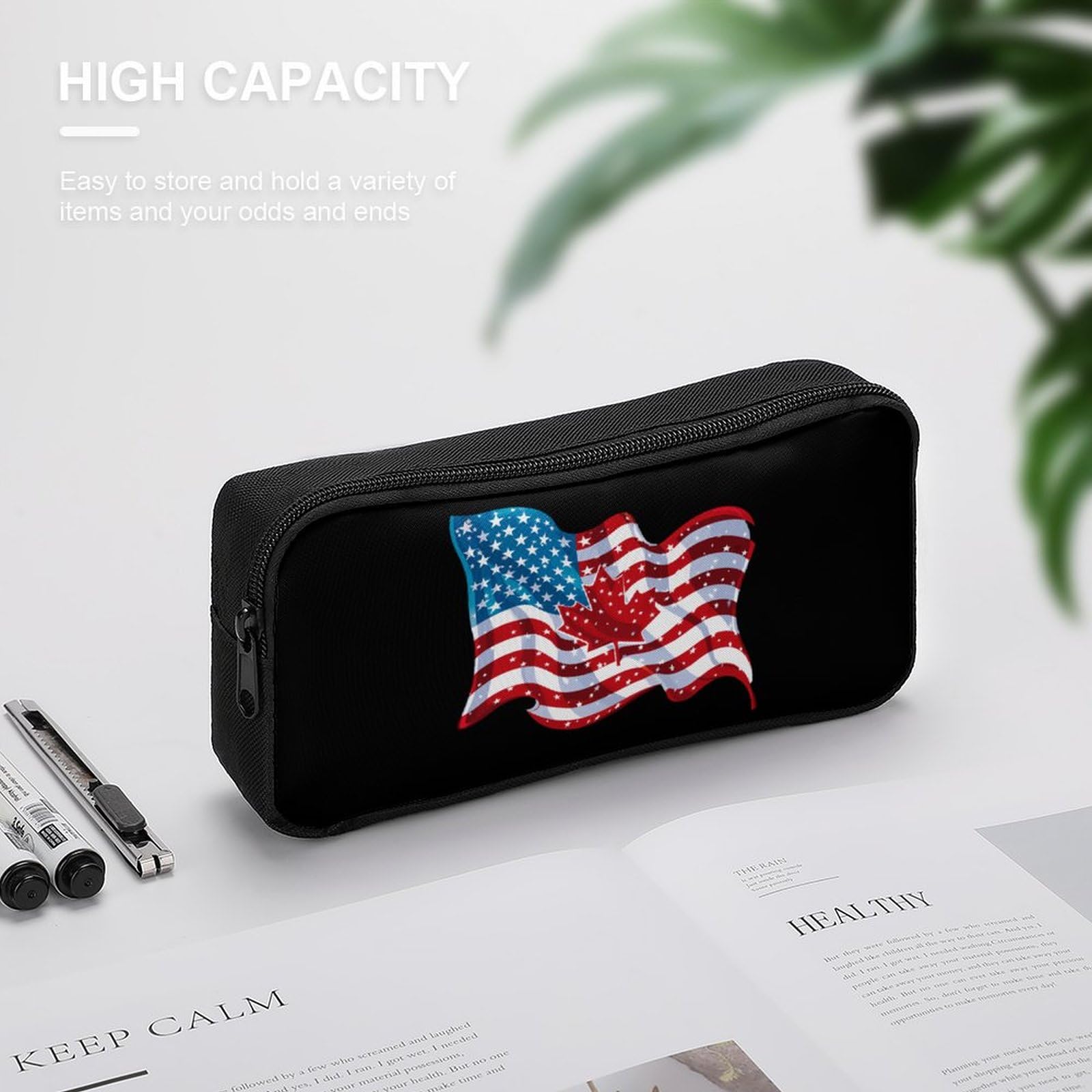 American & Canadian Flag Pencil Case - Large Capacity Zippered Pen Pouch, Stationery Organizer & Makeup Bag for School, Office & Travel