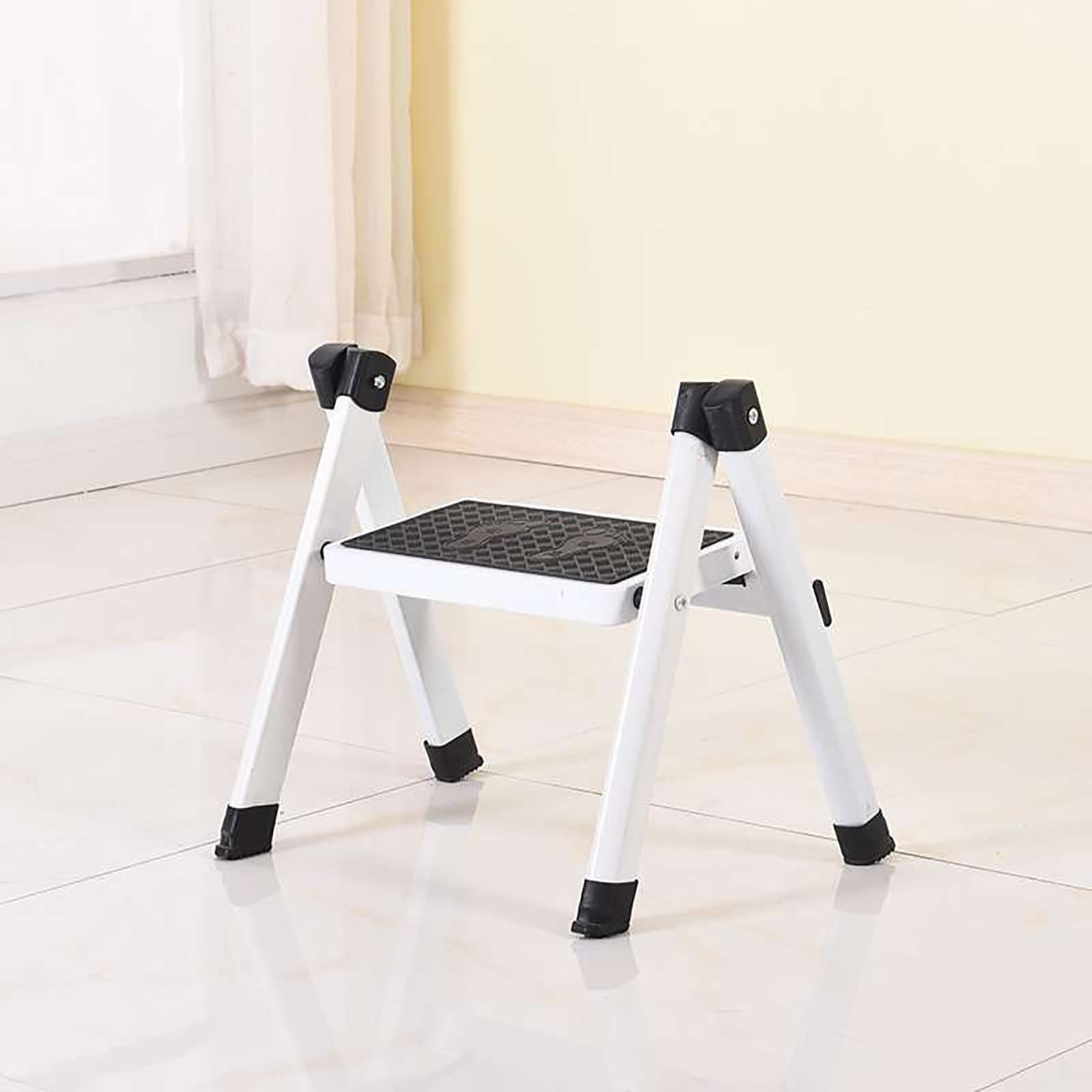 Portable Metal Mini Folding Step Stool - Lightweight Compact Ladder for Kitchen, Bedroom, Office, Library & Balcony - Perfect for Reaching High Shelves, Changing Light Bulbs & Home Organization (White)