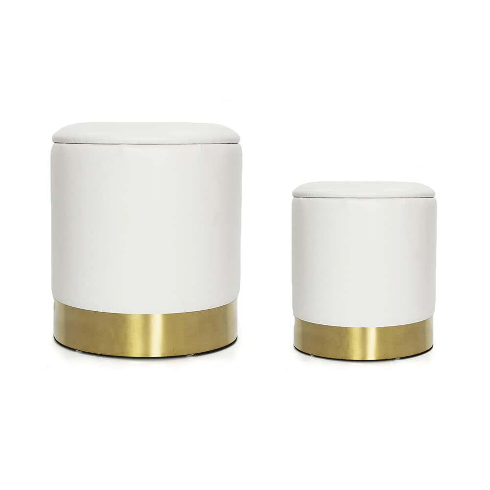 Round Faux Leather Storage Ottoman - 2-Pack White Storage Bench for Living Room, Bedroom & Kids Room | Multi-Functional Vanity Chair with Hidden Storage | Perfect for Seating, Storage & Home Decor