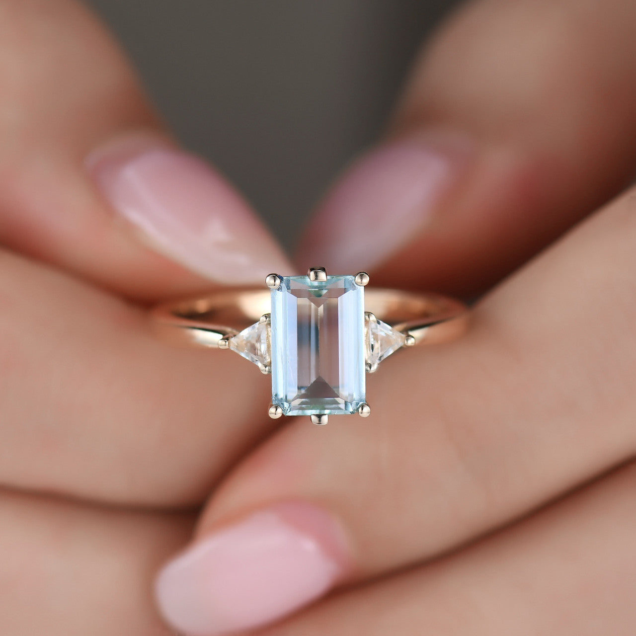 Three Stone Aquamarine Engagement Ring with White Topaz Triangle Accents in 18K Gold - Perfect for Proposals, Anniversaries & Bridal Jewelry