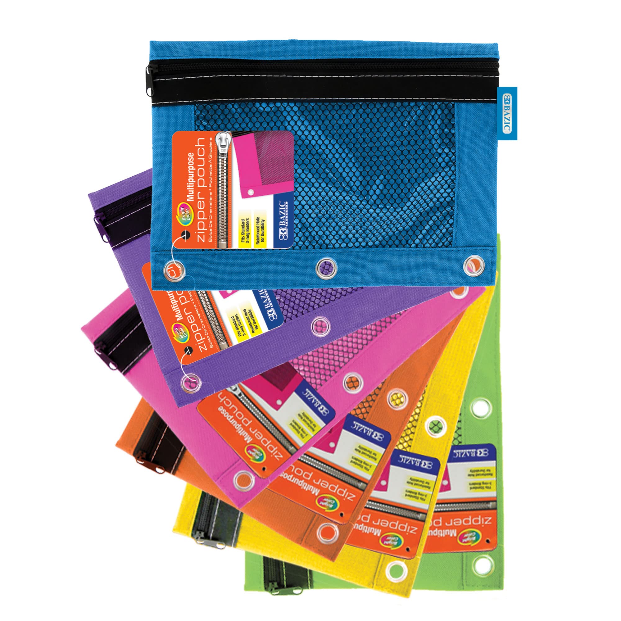 BAZIC 3-Ring Binder Pencil Pouch with Mesh Window & Reinforced Rivet Holes | 144-Pack Colorful Zipper Pouch Cases for School, Office & Art Supplies Organization | Durable Pencil Holders for Binders, Backpacks & Desk Storage