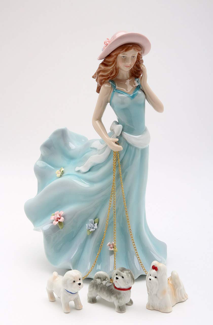 Elegant Lady in Blue Dress Walking Dogs Figurine - 7.8 Inch Handcrafted Home Decor Statue | Perfect for Living Room Display, Bookshelf Decor & Gift for Dog Lovers