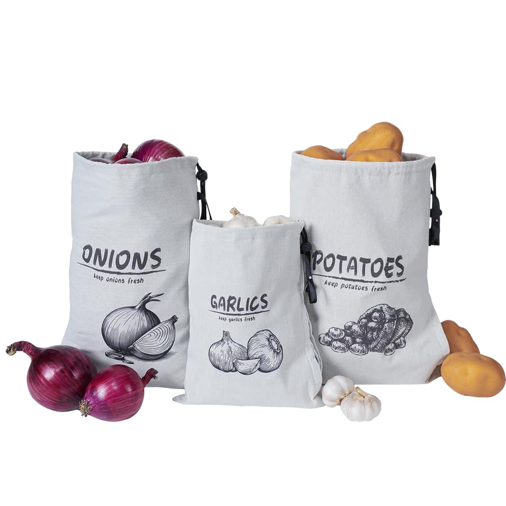 Reusable Potato Onion Garlic Storage Bags with Drawstring Closure - 3 Pack for Pantry & Kitchen Organization | Fresh Vegetable Keepers for Home, Restaurant & Grocery Store Use