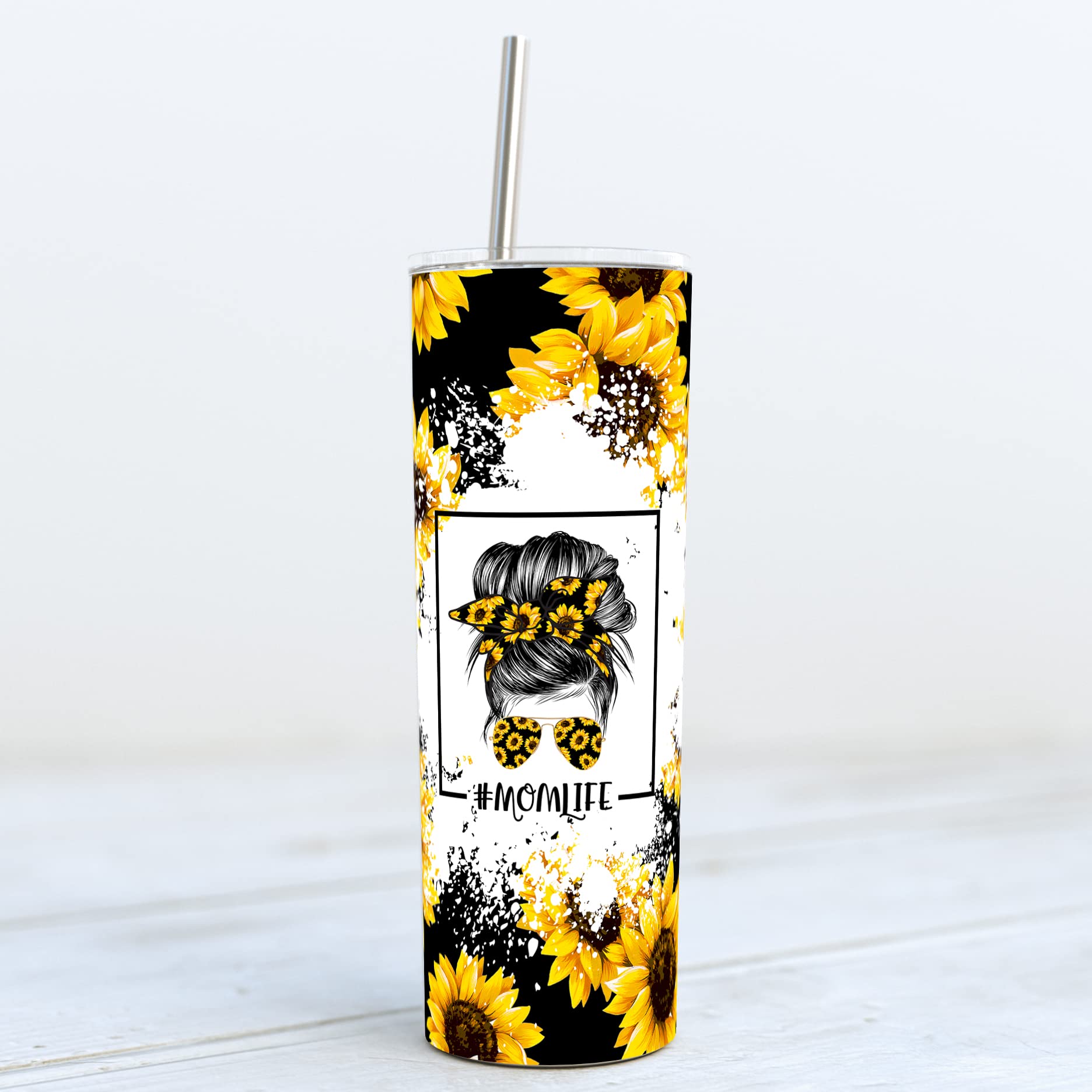 **20oz Insulated Stainless Steel Sunflower Mom Tumbler with Straw & Lid - Leakproof Skinny Coffee Cup for Women, Mama Tea & Water Bottle - Perfect for Work, Gym, Travel & Mom Life**