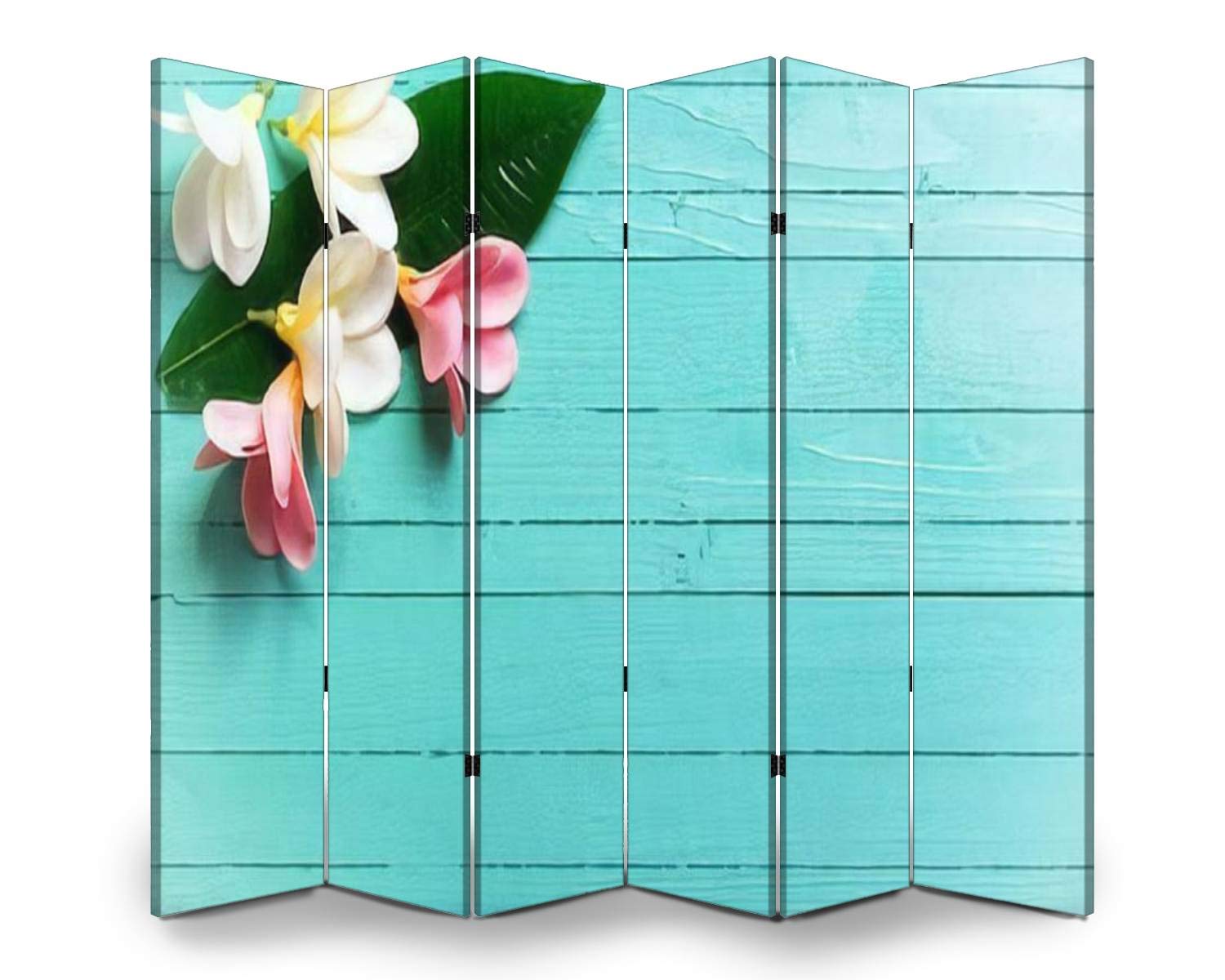 White & Pink Tropical Plumeria Flowers on Turquoise Wood Folding Screen Room Divider - 6 Panel Canvas Privacy Partition with Dual-Sided Design for Indoor Display Shelves | Perfect for Home Office, Bedroom Separation, and Event Backdrops