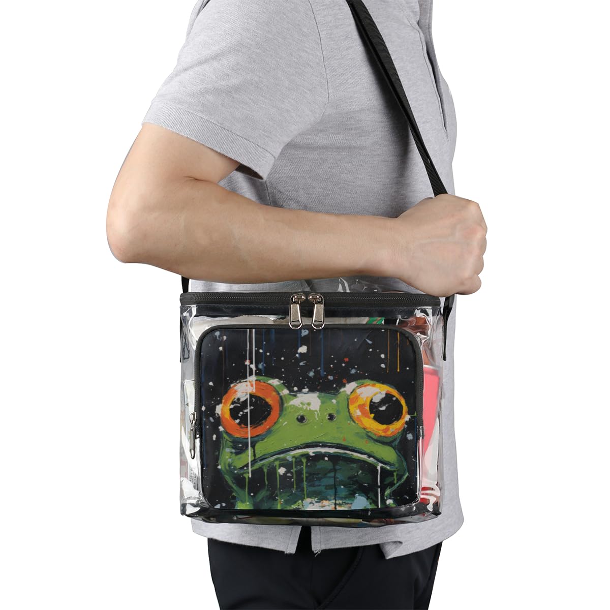 Big-Eyed Frog Clear Tote Bag with Handles - Green Transparent Crossbody Shoulder Bag for Lunch, Outdoor, Travel, Picnic, Concerts & Sports Events | Stadium Approved Multi-Purpose Bag for Women & Teens | Perfect for Beach, School, Shopping & Festivals