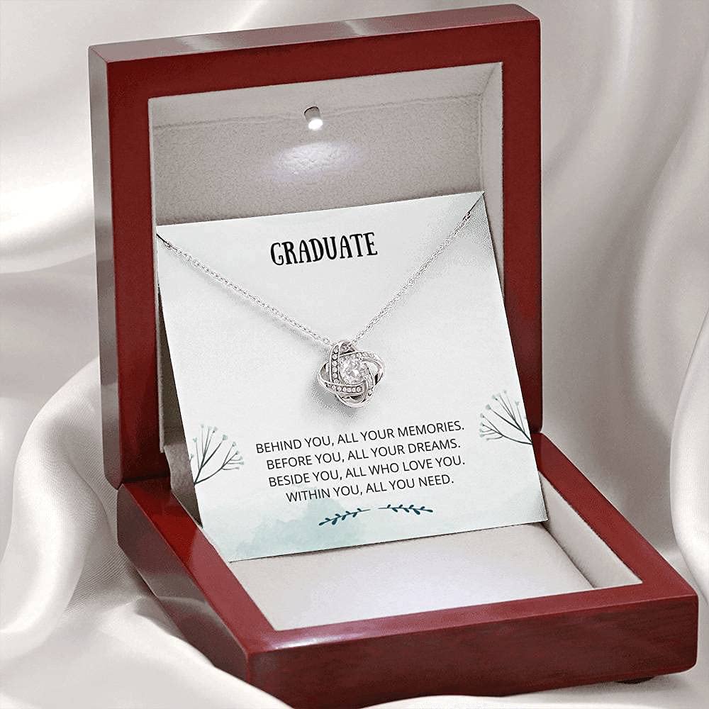 Tek Weh Graduate Love Knot Necklace - Elegant Jewelry Gift for Graduation, Senior Year, Daughter & Her - Perfect Present with Card for 2021 Grads & Congratulations - Great for Commencement Ceremonies & Graduation Parties