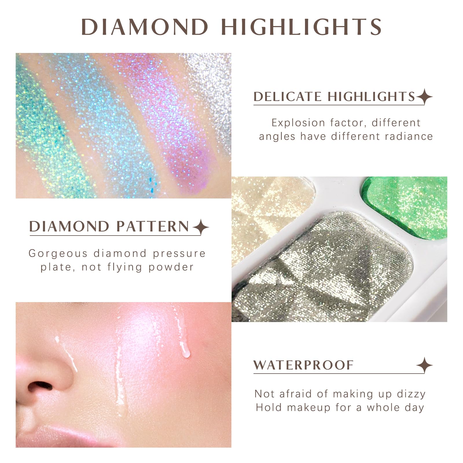 8-Color Face Highlighter Makeup Palette with Diamond Glitter - Intense Chameleon Eyeshadow & Rainbow Shimmer - Metallic Contour Bronzer for Cheeks, Nose & Body - Perfect for Party, Festival & Night Out Makeup
