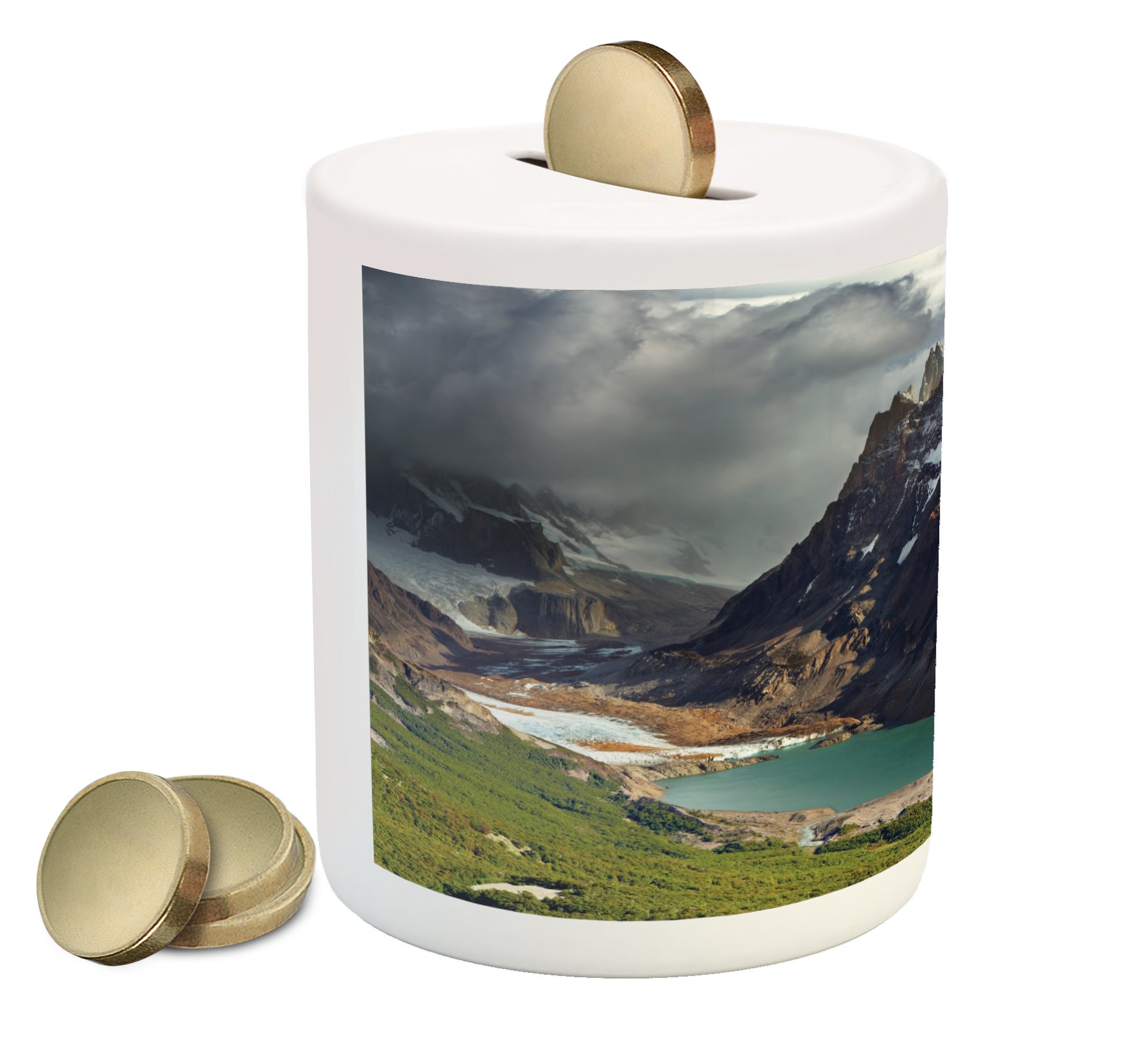 Ambesonne Ceramic Piggy Bank - Mount Fitz Roy & Laguna Torre Patagonia Landscape Design, Money Saving Coin Bank for Cash & Coins | Perfect Gift for Travel Lovers, Home Office Decor, Kids Savings