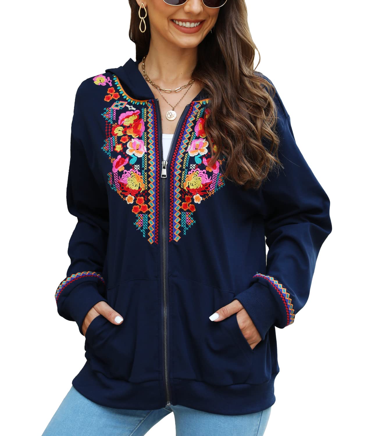 AK Women's Full Zip Long Sleeve Embroidered Sweatshirt - Floral Boho Mexican Hoodie Jacket for Fall & Winter | Cozy Outerwear for Casual Wear, Street Style & Layering
