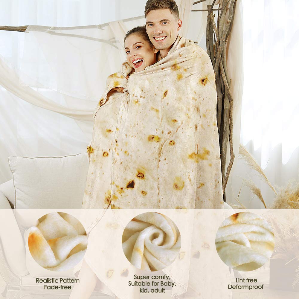 Admitrack Tortilla Blanket - Realistic Burrito Wrap Blanket for Adults & Kids, Double Sided Funny Novelty Throw - Perfect for Movie Nights, Camping & Cozy Home Decor