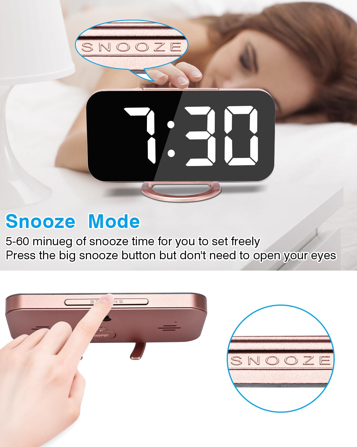 7 Inch LED Digital Alarm Clock with Large Mirrored Display, Dual USB Charger Ports, Auto Dim & Snooze - Modern Rose Gold Desk/Wall Clock for Bedroom, Living Room & Office | Perfect for Nightstands, Home Decor & Gift Giving