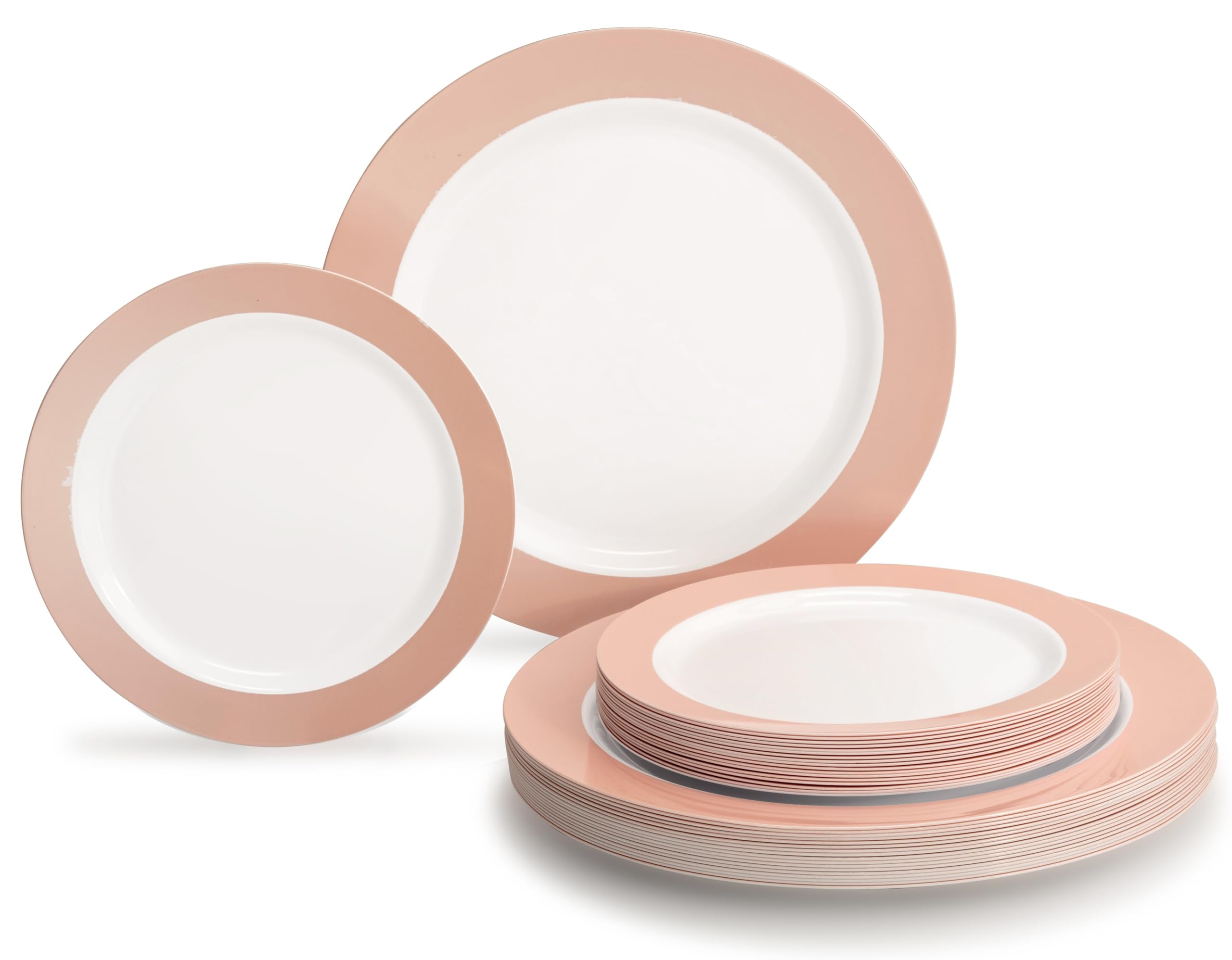 240-Pack Heavyweight Disposable Plastic Plates for Weddings & Parties - 120x10.25'' Dinner Plates + 120x7.5'' Salad/Dessert Plates in Rio Collection White & Pearled Pink Blush | Elegant Tableware for Bridal Showers, Baby Showers & Special Events