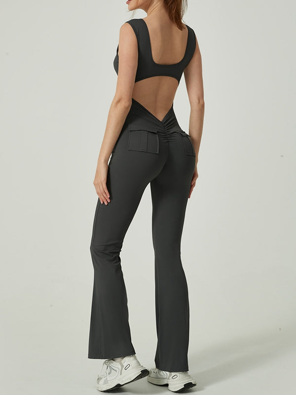 ZASUWA Women's V-Neck Backless Pocket Flare Jumpsuit - Stylish Casual Outfit for Summer, Beach, Party & Date Night