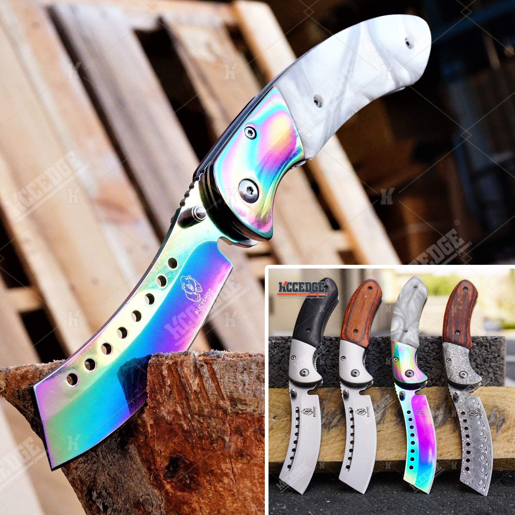 KCCEDGE Premium EDC Pocket Knife - Razor Sharp Folding Knife for Camping, Survival & Outdoor Adventures | White Iridescent Full Edge Tactical Knife | Perfect for Hiking, Backpacking & Emergency Preparedness