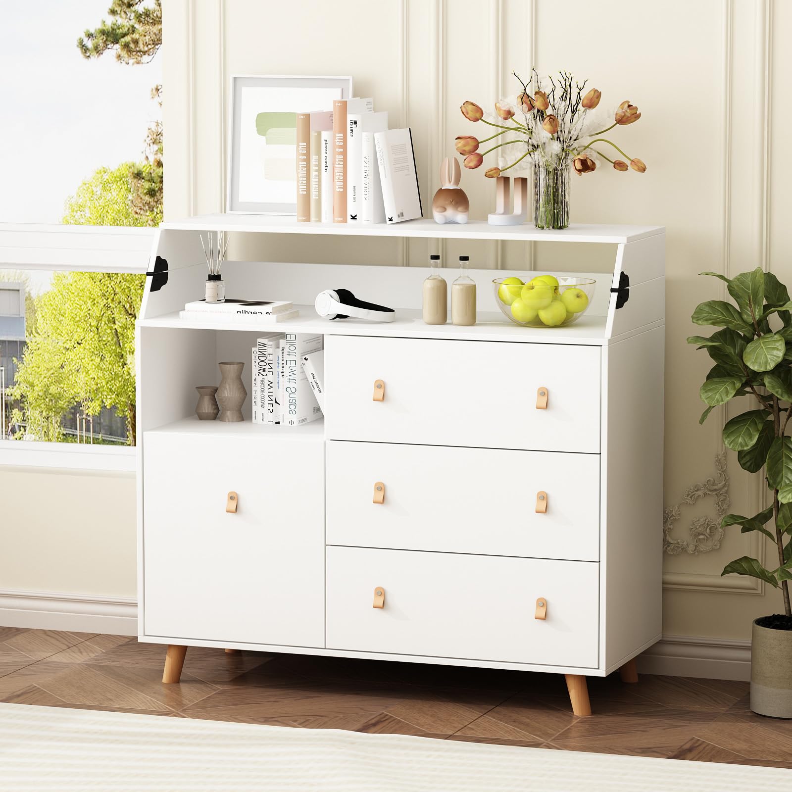 White Baby Changing Table with Drawers & Guardrail - Nursery Dresser Organizer, Foldable Diaper Station with Hidden Trash Storage - Perfect for Newborn Care & Nursery Organization